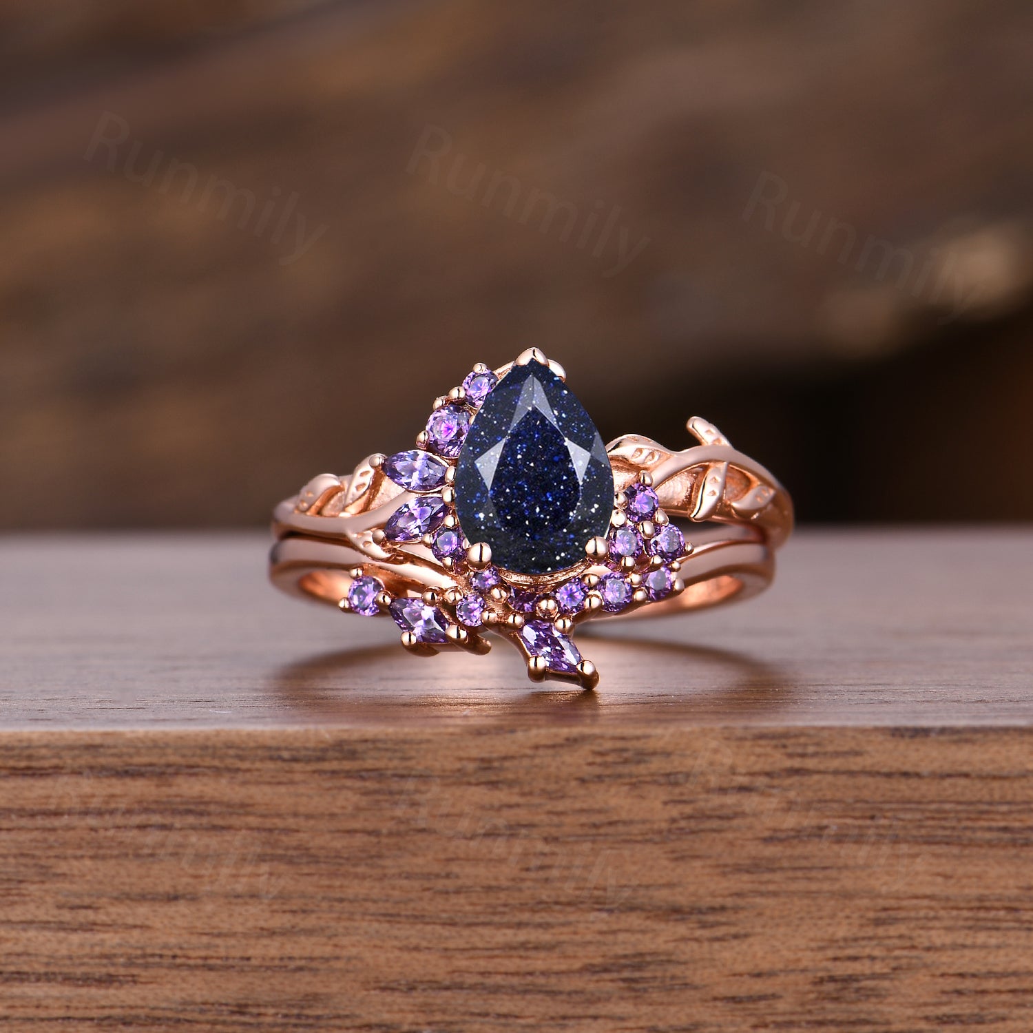 Nature Inspired Ring Set, His and Her Blue Sandstone Wedding Band, Rose Gold Matching Set, Starry Night Couples Ring, Galaxy Cosmic Ring
