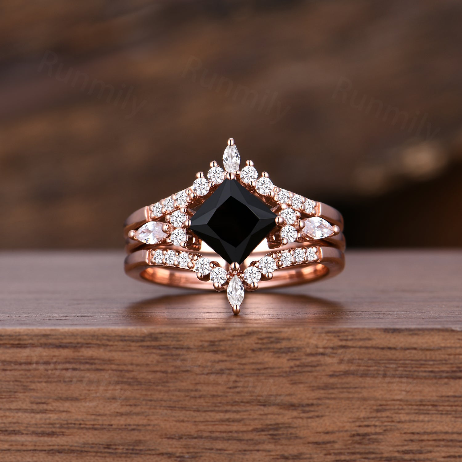 Vintage Black Onyx Couples Ring Set Unique Double Curved Moissanite Ring Rose Gold His and Hers Wedding Bands Black Gemstone Rings