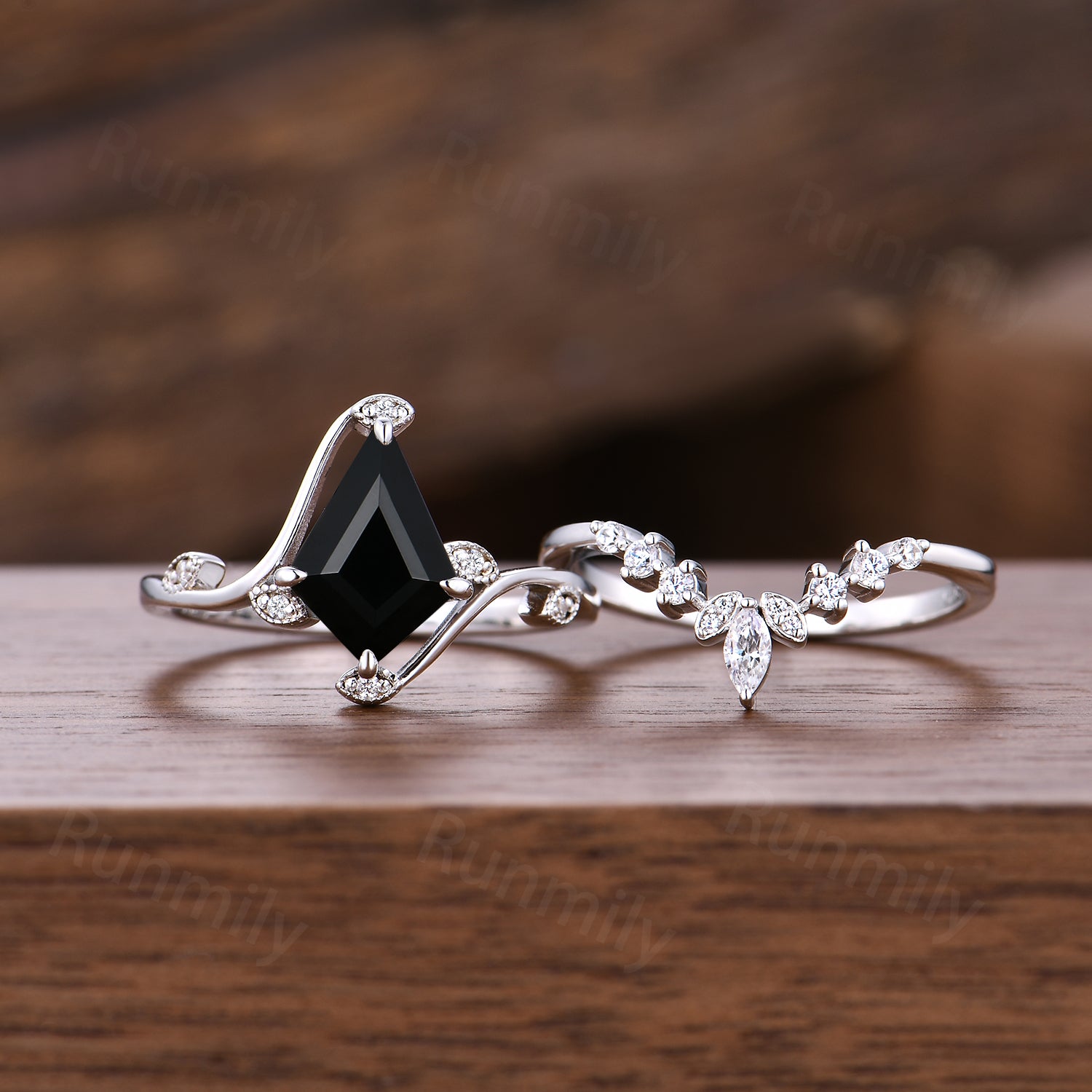 Art Deco Black Onyx Engagement Ring Set Unique Twig Twist Moissanite Stacking Bridal Ring Sterling Silver Promise Anniversary Ring