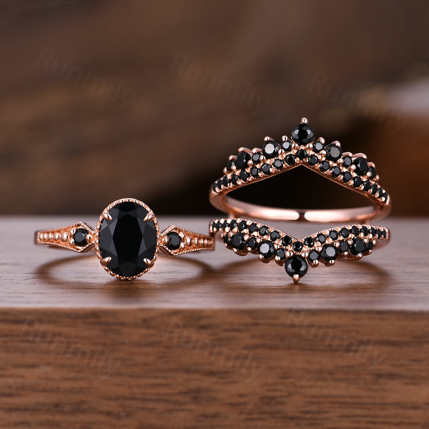 Vintage Black onyx engagement ring Set Unique oval cut ring Double curved black gem wedding band Bridal Promise ring gift women
