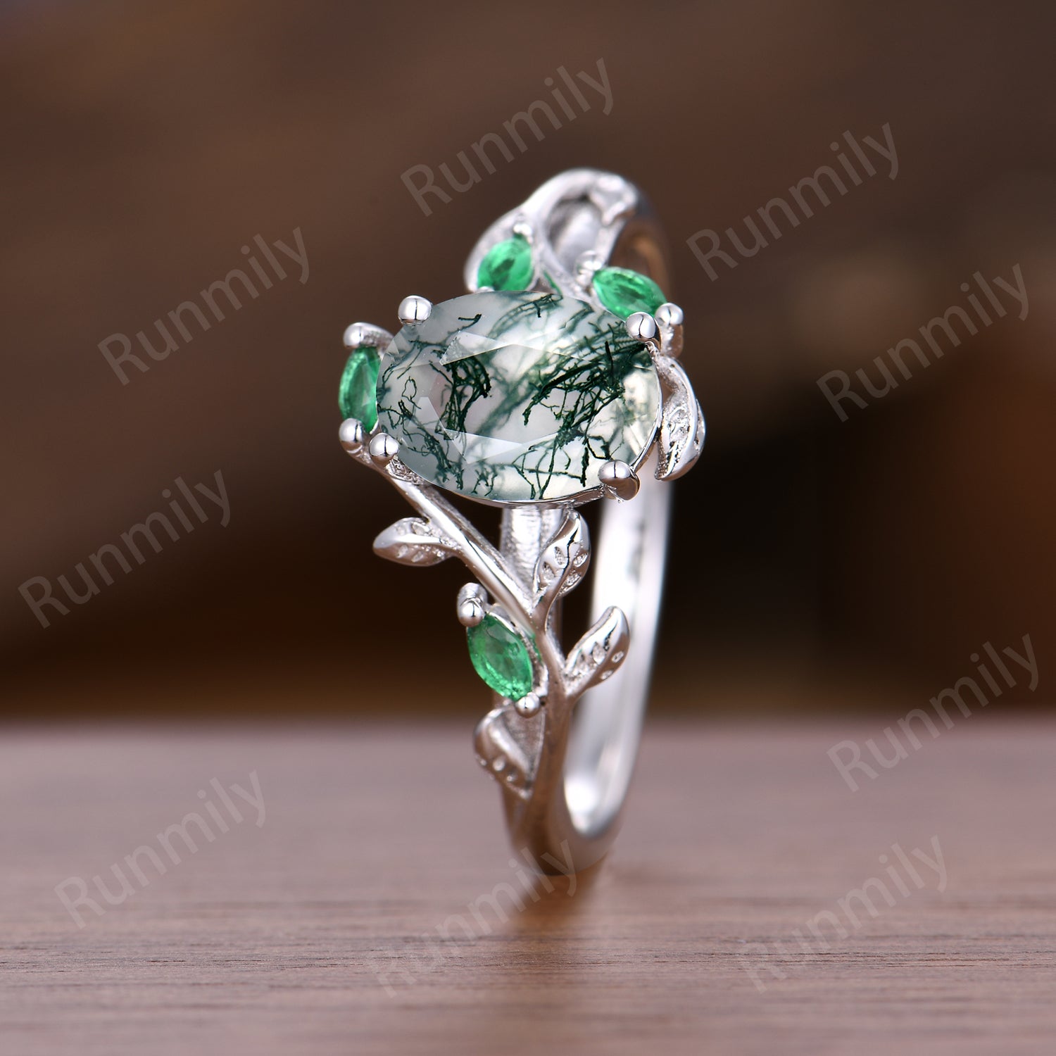 Moss Agate Emerald Engagement Ring Oval Cut Branch Ring Green Stones Bridal Promise Rings