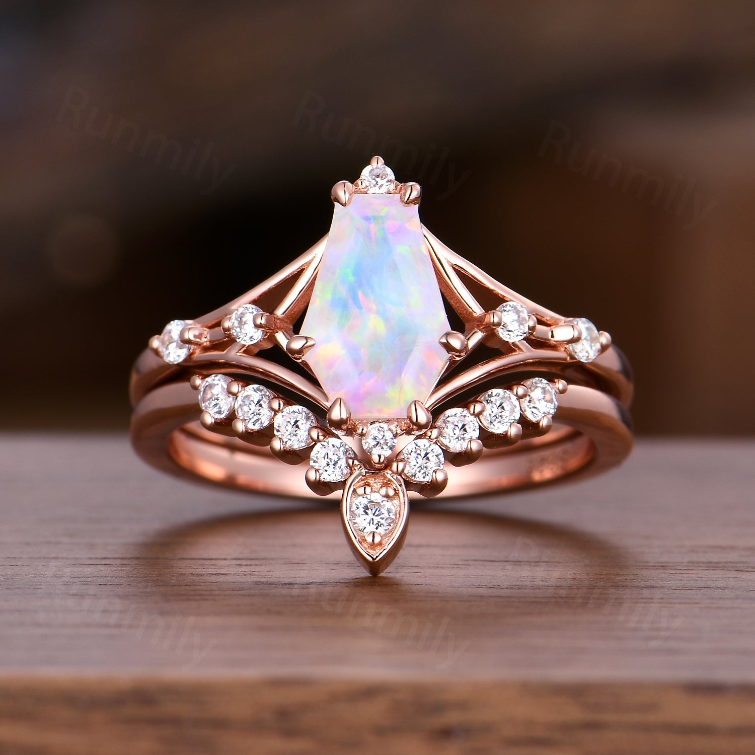 Coffin Cut White Opal Engagement Ring Rose Gold Ring Art Deco Curved Stacking Band Vintage Bridal Ring Unique Moissanite Wedding Set