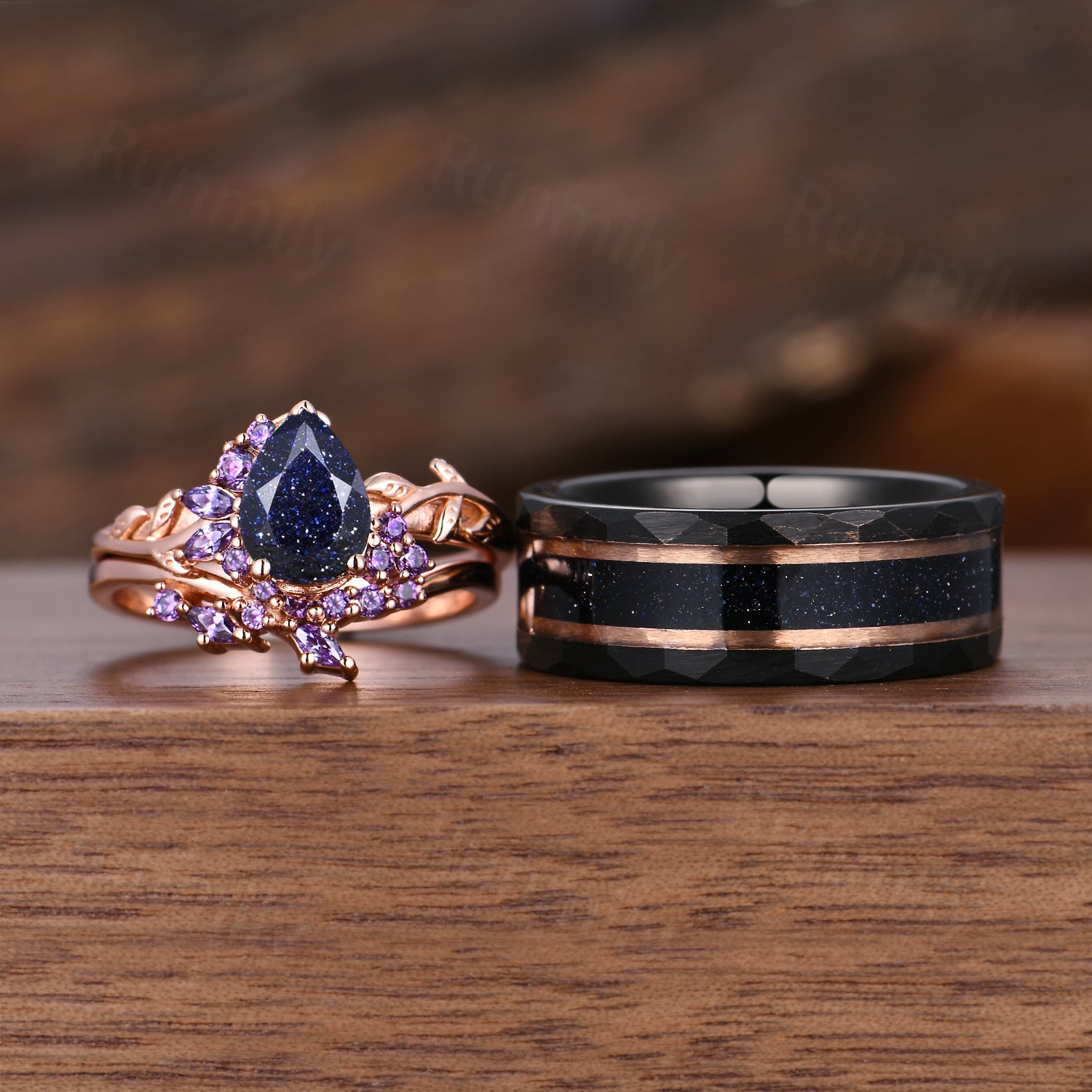 Nature Inspired Ring Set, His and Her Blue Sandstone Wedding Band, Rose Gold Matching Set, Starry Night Couples Ring, Galaxy Cosmic Ring