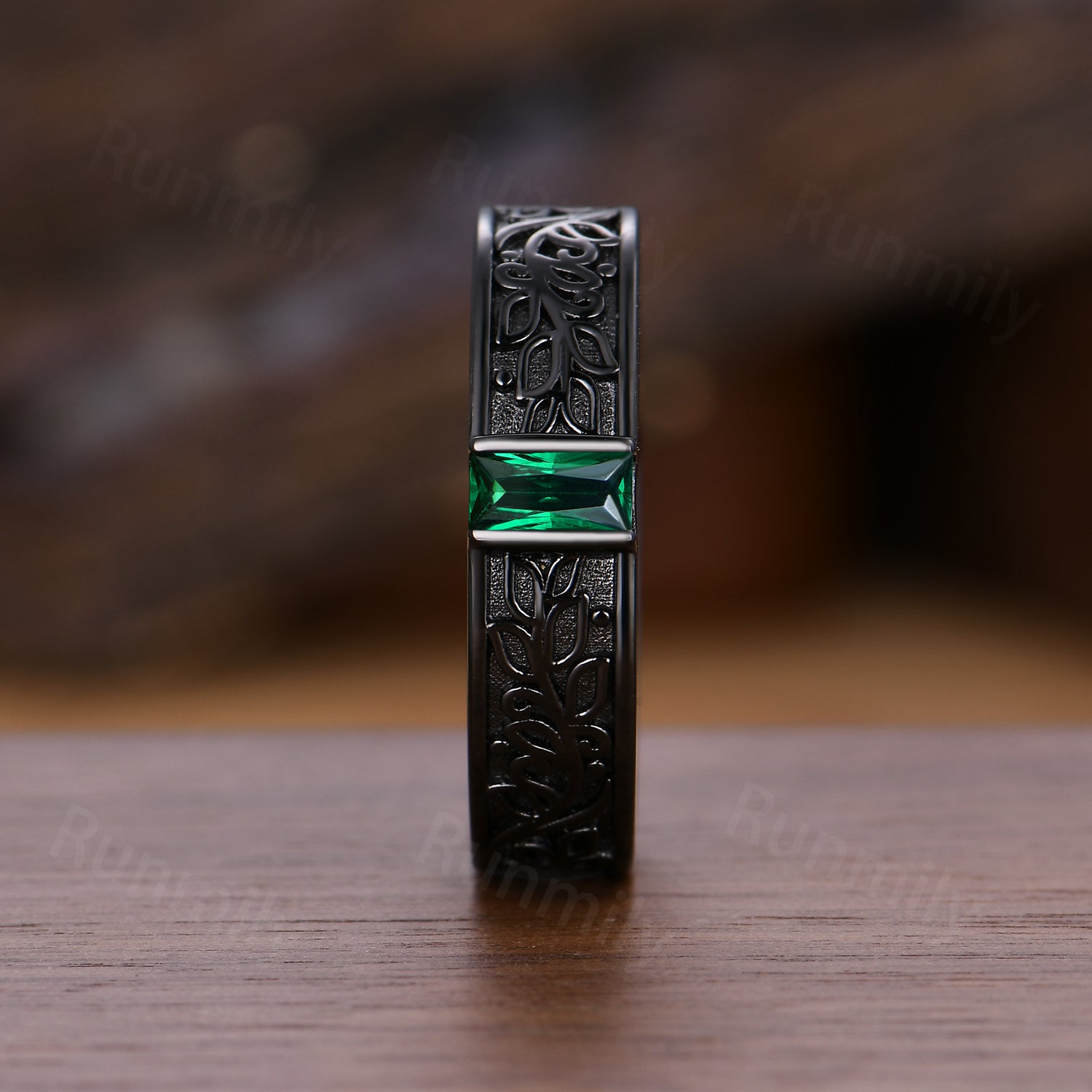 Emerald Mens Wedding Band Gothic Baguette Cut Band Art Deco Leaf Design Unique Black Gold Mens Stacking Band Gift For Him