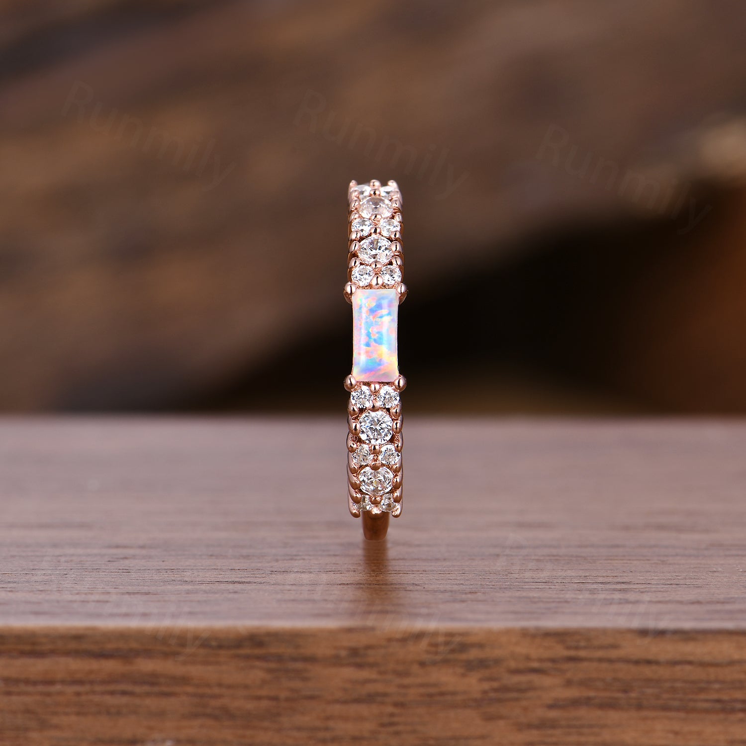 Vintage Baguette Opal Wedding Band Unique Moissanite Cluster Stackable Ring Anniversary Art Deco Rose Gold Wedding Band
