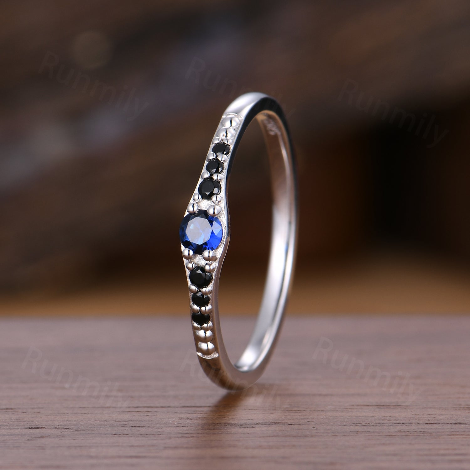 Dainty Blue Sapphire Wedding Band Sterling Silver Black Spinel Wedding Ring Art Deco Matching Stacking Band Anniversary Gift for Her
