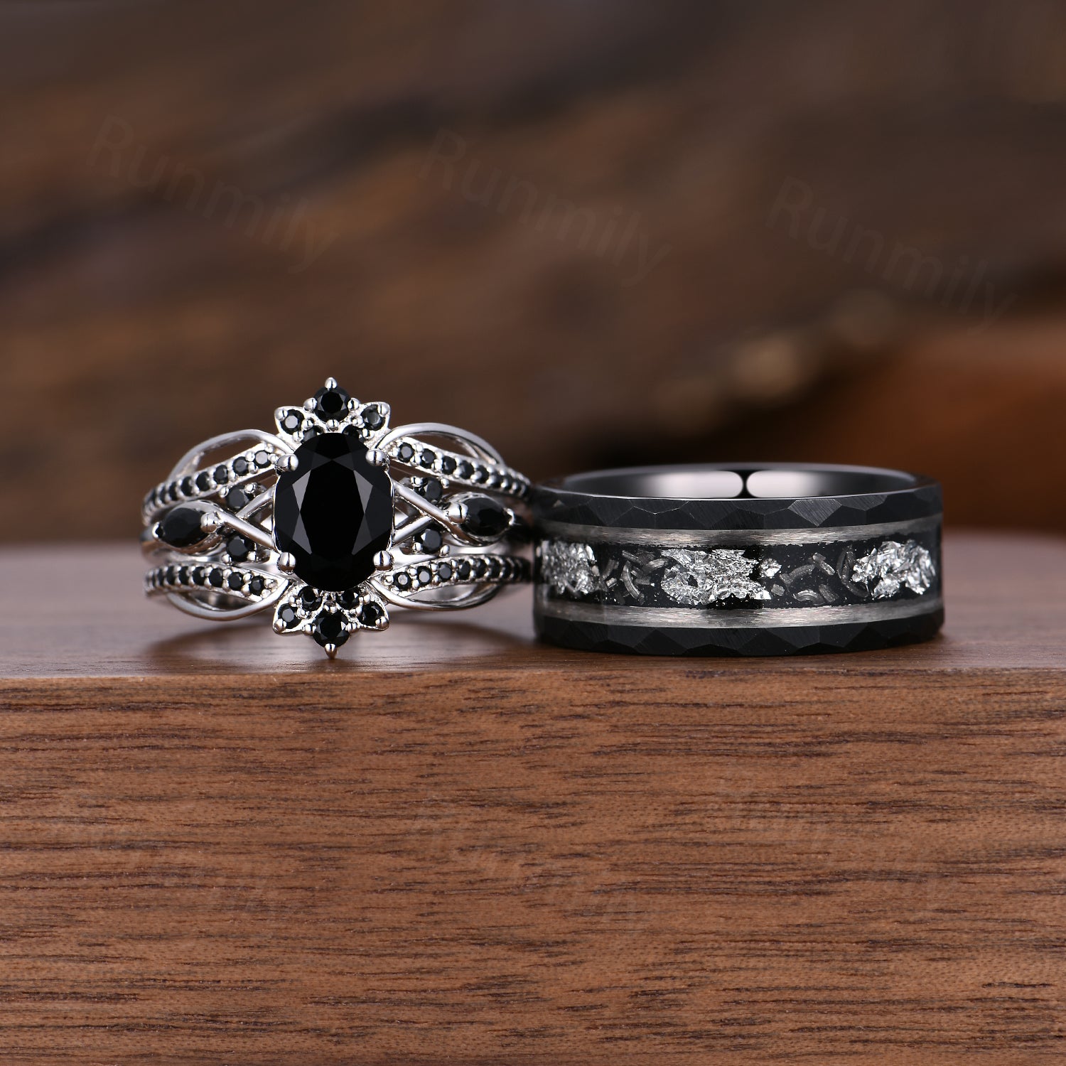 Vintage Black Onyx Sterling Silver Couple Rings: Meteorite Tungsten Band Set