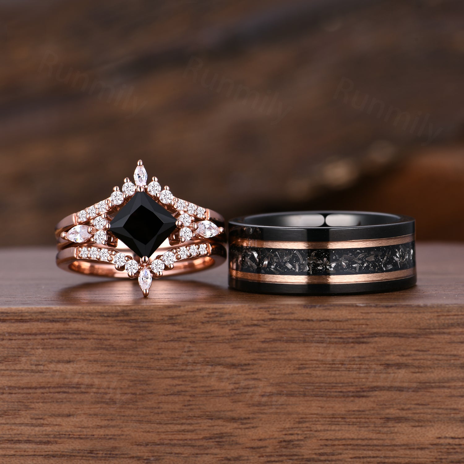 Vintage Black Onyx Couples Ring Set Unique Double Curved Moissanite Ring Rose Gold His and Hers Wedding Bands Black Gemstone Rings