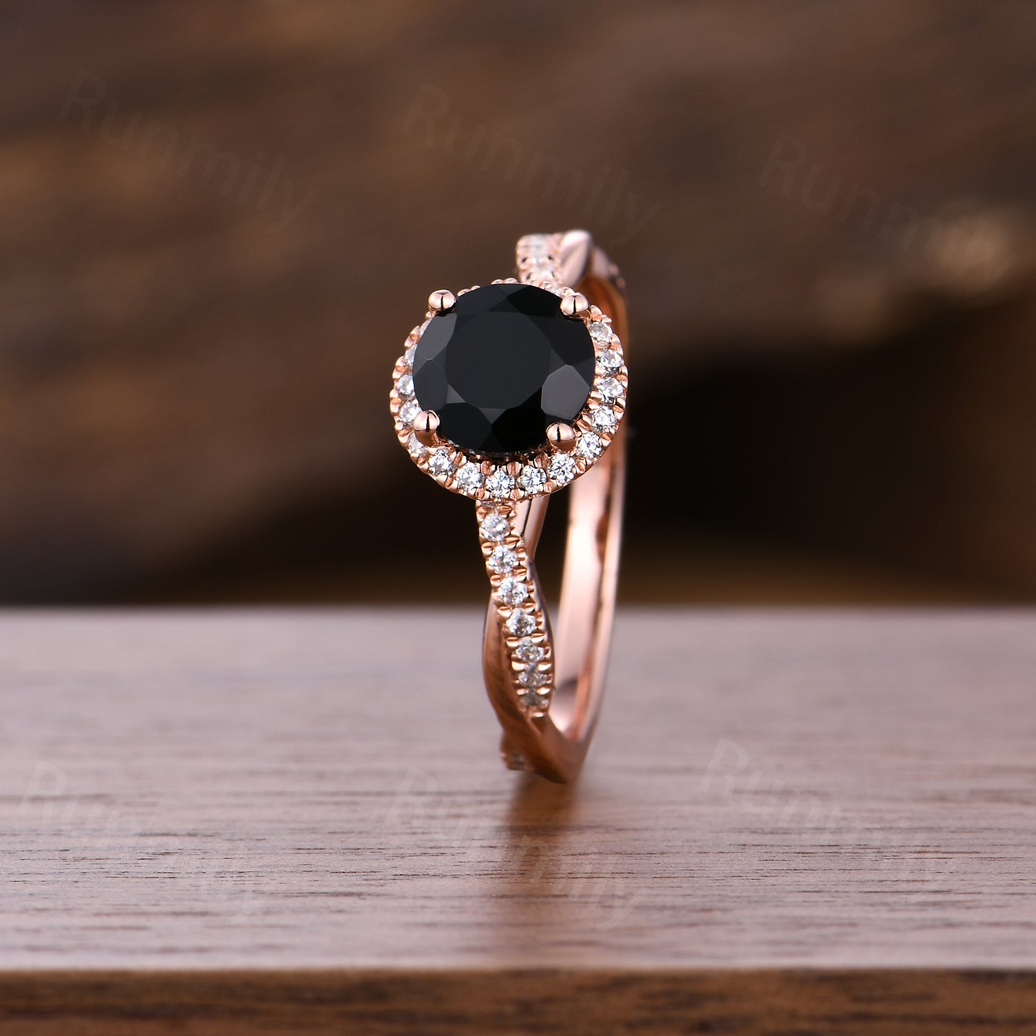 6.5mm Round Black Onyx Engagement Ring Unique Twisted Moissanite Wedding Ring Rose Gold Halo Engagement Ring Promise Gift
