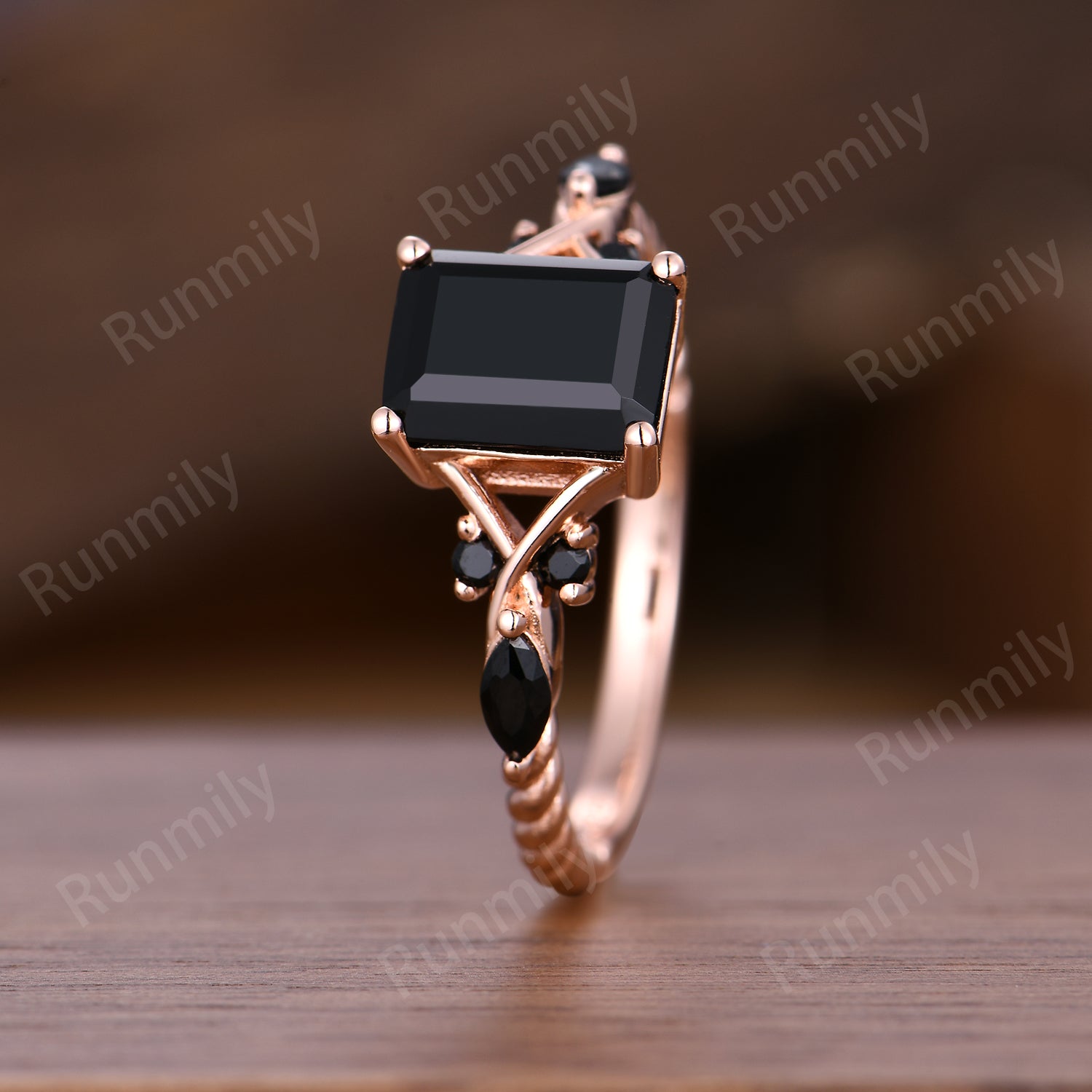 Emerald Cut Black Onyx Engagement Ring Rose Gold Ring Unique Black Onyx Twisted Band Ring Bridal Promise Ring