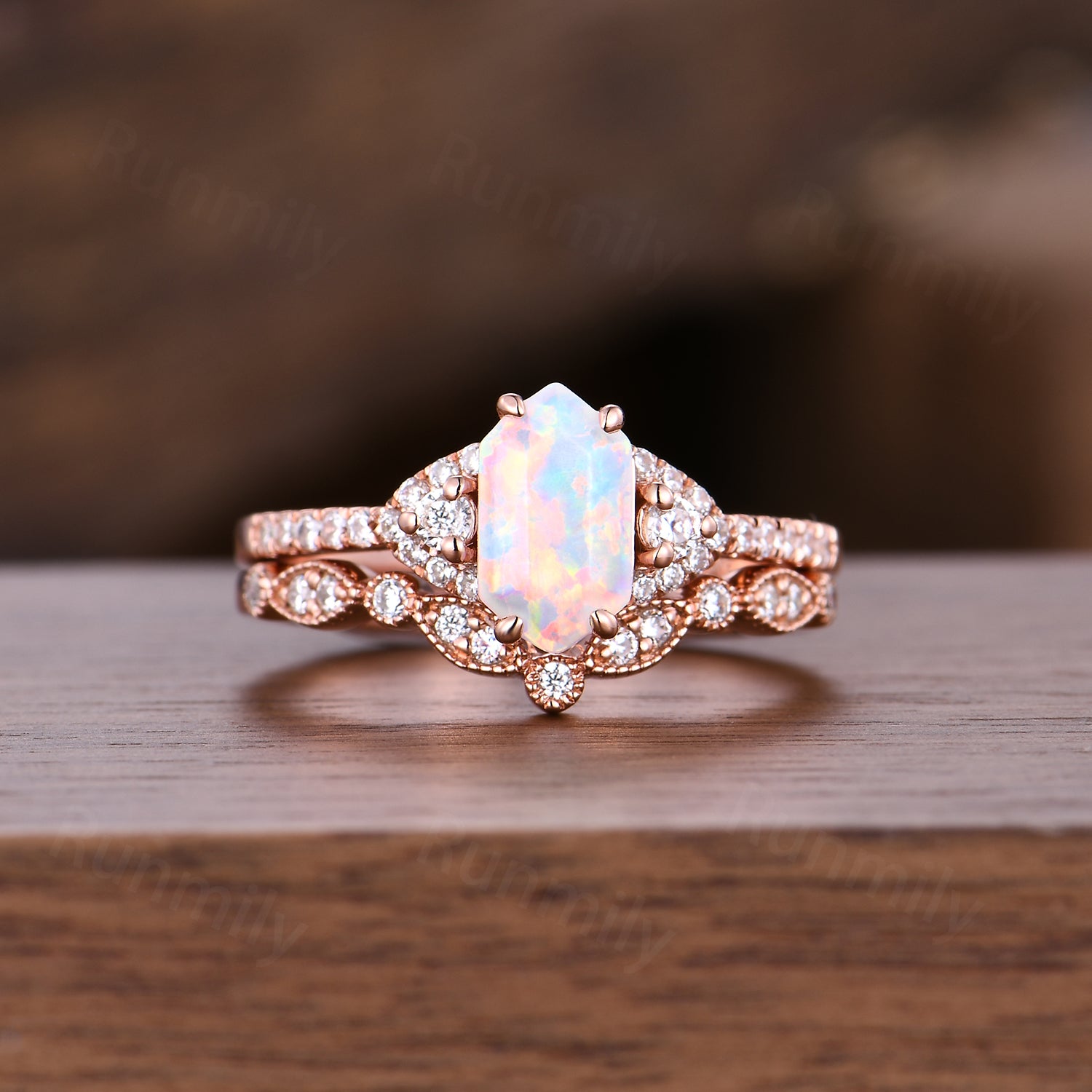 Unique Hexagon Opal Engagement Ring Set, Art Deco Moissanite Wedding Ring Set, October Birthstone Jewelry
