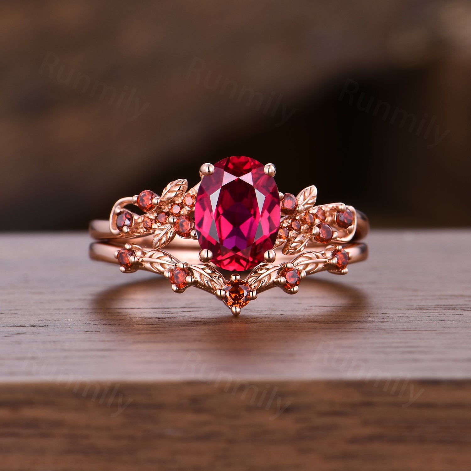 Nature Inspired Ruby Garnet Ring Set, Oval Ruby Engagement Ring, Unique Twig Leaf Garnet Wedding Anniversary Ring