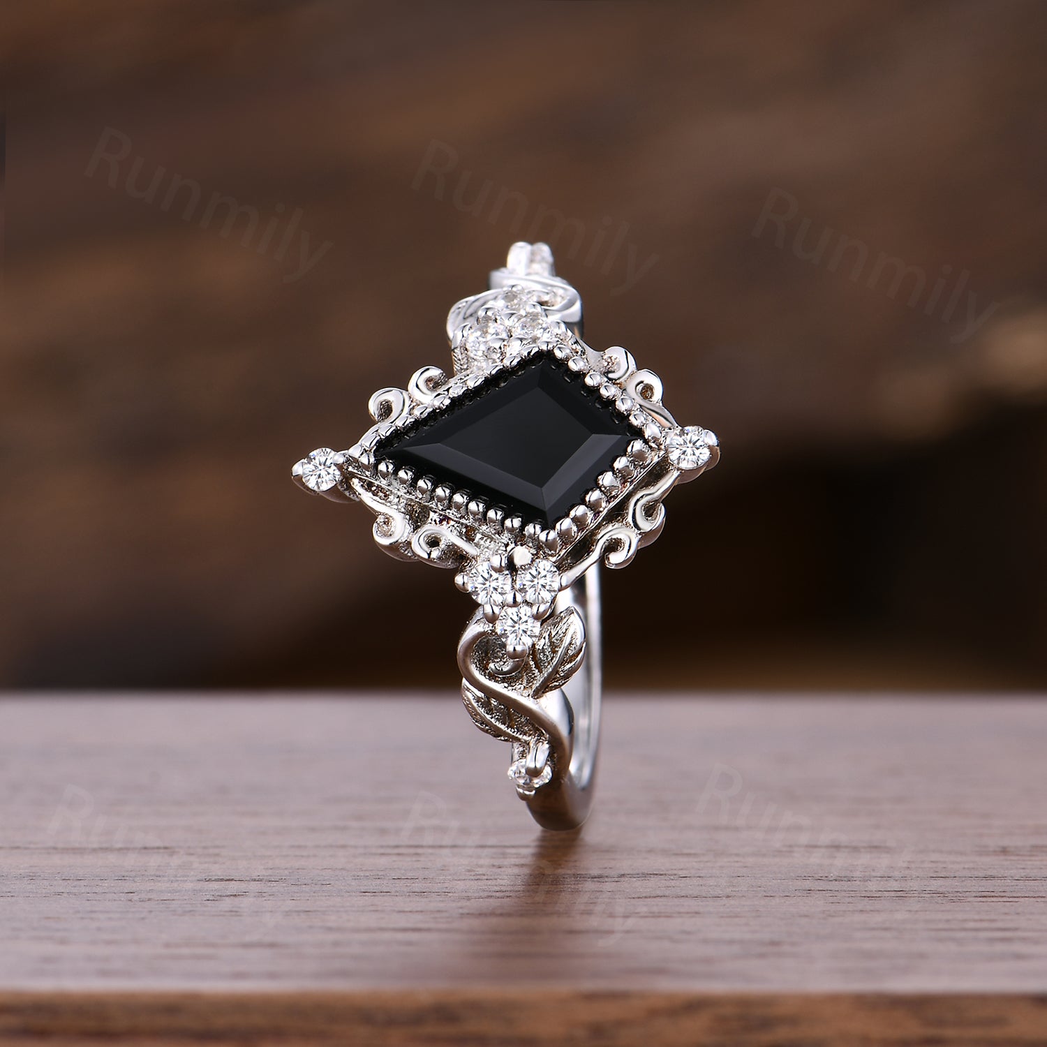 Vintage Kite Cut Black Onyx Engagement Ring, Sterling Silver Twig & Moissanite