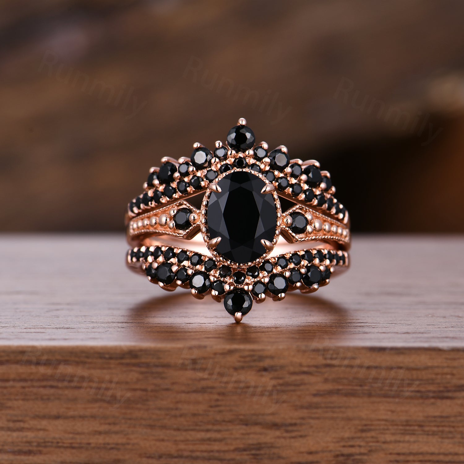 Vintage Black onyx engagement ring Set Unique oval cut ring Double curved black gem wedding band Bridal Promise ring gift women