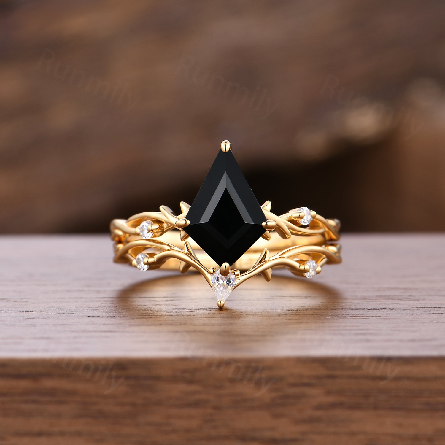 Kite Cut Black Onyx Wedding Ring Set Unique Twig Twist Moissanite Stacking Bridal Ring Art Deco Promise Anniversary Ring Yellow Gold Rings