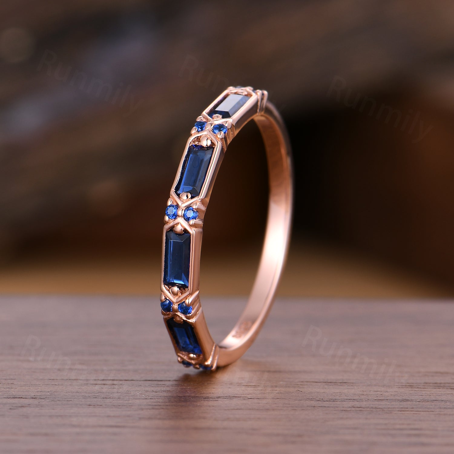 Antique Blue Sapphire Wedding Band Rose Gold Half Eternity Band Baguette Cut Blue Gemstone Ring Unique Stacking Ring Art Deco Sapphire Ring