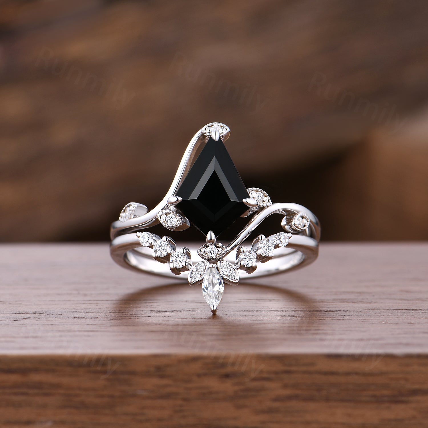Art Deco Black Onyx Engagement Ring Set Unique Twig Twist Moissanite Stacking Bridal Ring Sterling Silver Promise Anniversary Ring