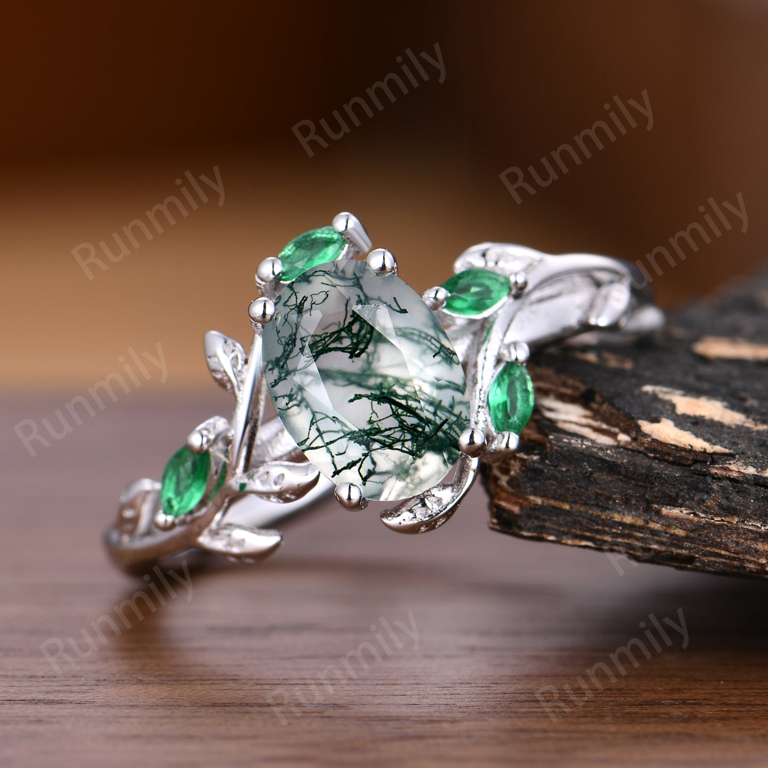 Moss Agate Emerald Engagement Ring Oval Cut Branch Ring Green Stones Bridal Promise Rings