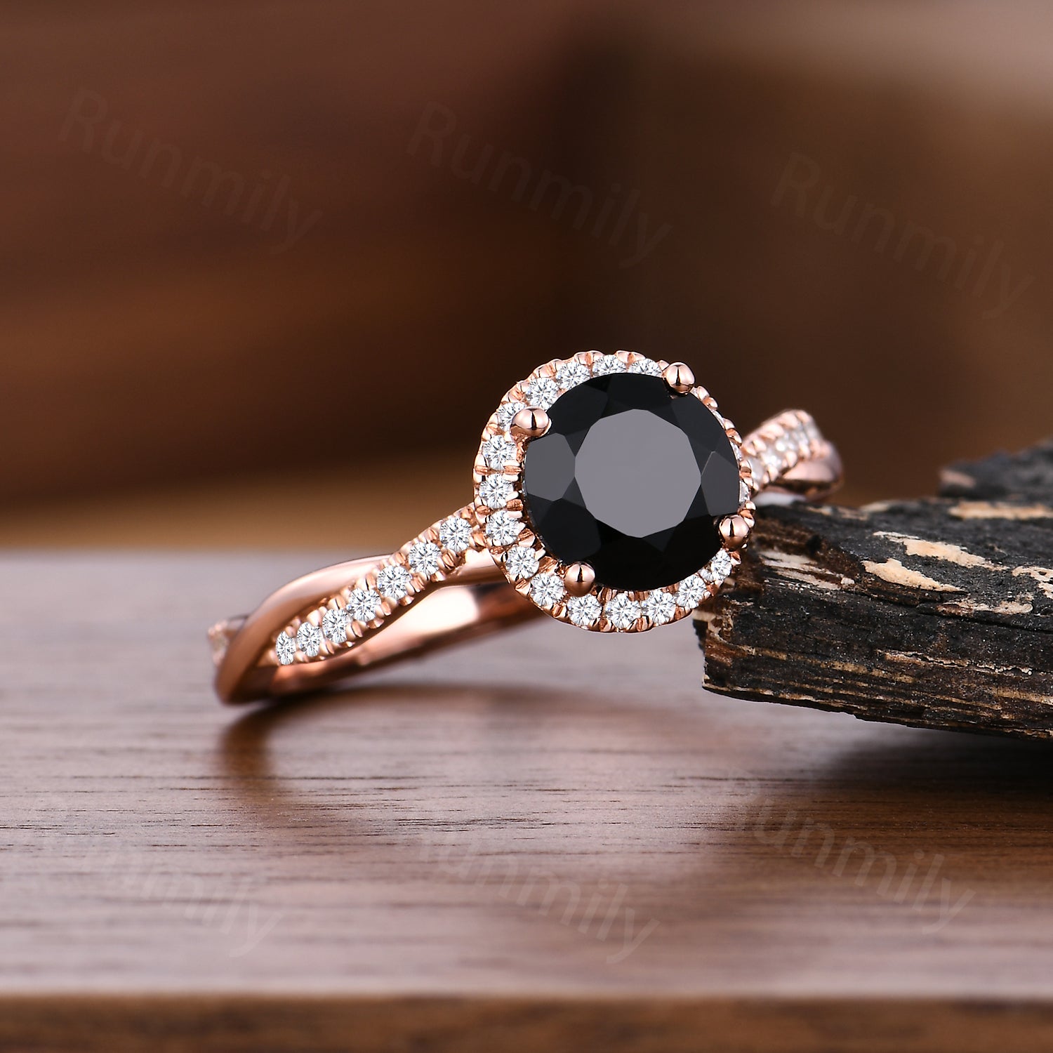 6.5mm Round Black Onyx Engagement Ring Unique Twisted Moissanite Wedding Ring Rose Gold Halo Engagement Ring Promise Gift