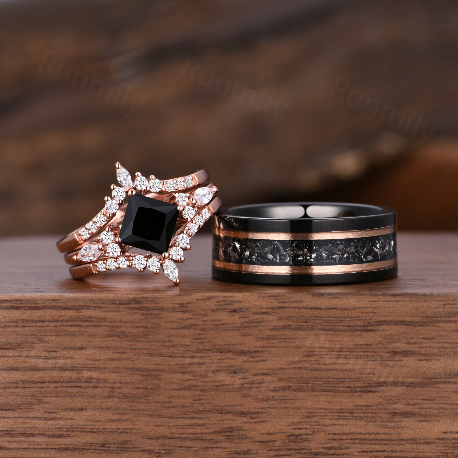 Vintage Black Onyx Couples Ring Set Unique Double Curved Moissanite Ring Rose Gold His and Hers Wedding Bands Black Gemstone Rings
