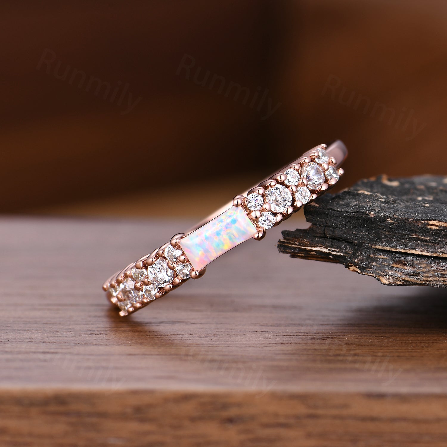 Vintage Baguette Opal Wedding Band Unique Moissanite Cluster Stackable Ring Anniversary Art Deco Rose Gold Wedding Band