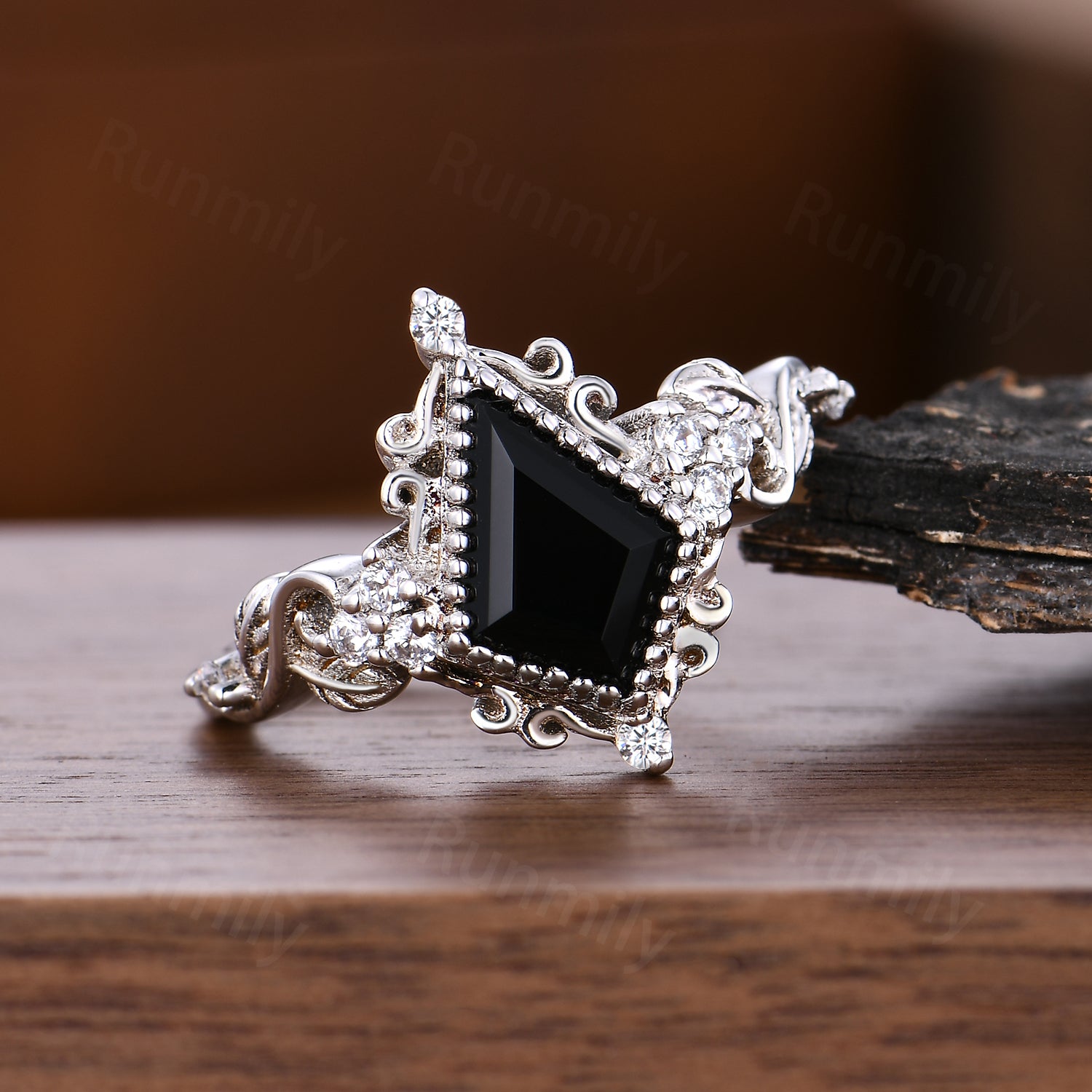 Vintage Kite Cut Black Onyx Engagement Ring, Sterling Silver Twig & Moissanite