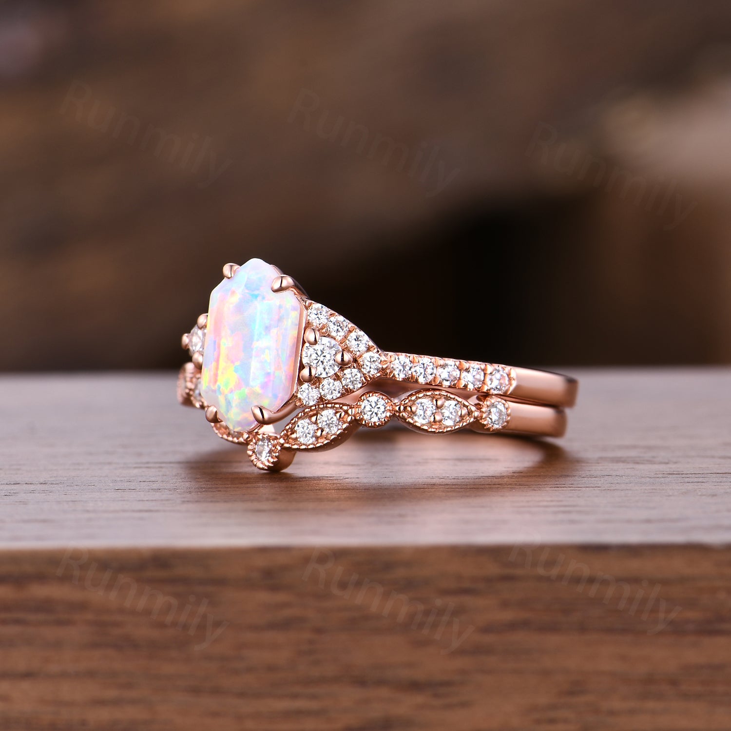 Unique Hexagon Opal Engagement Ring Set, Art Deco Moissanite Wedding Ring Set, October Birthstone Jewelry