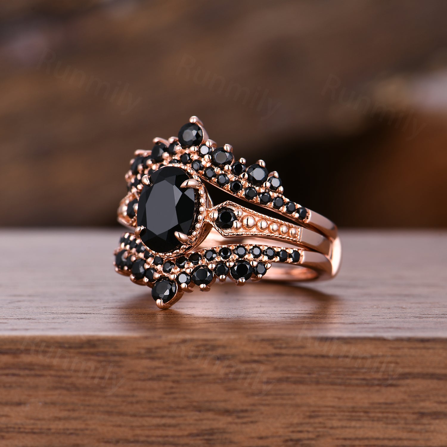 Vintage Black onyx engagement ring Set Unique oval cut ring Double curved black gem wedding band Bridal Promise ring gift women