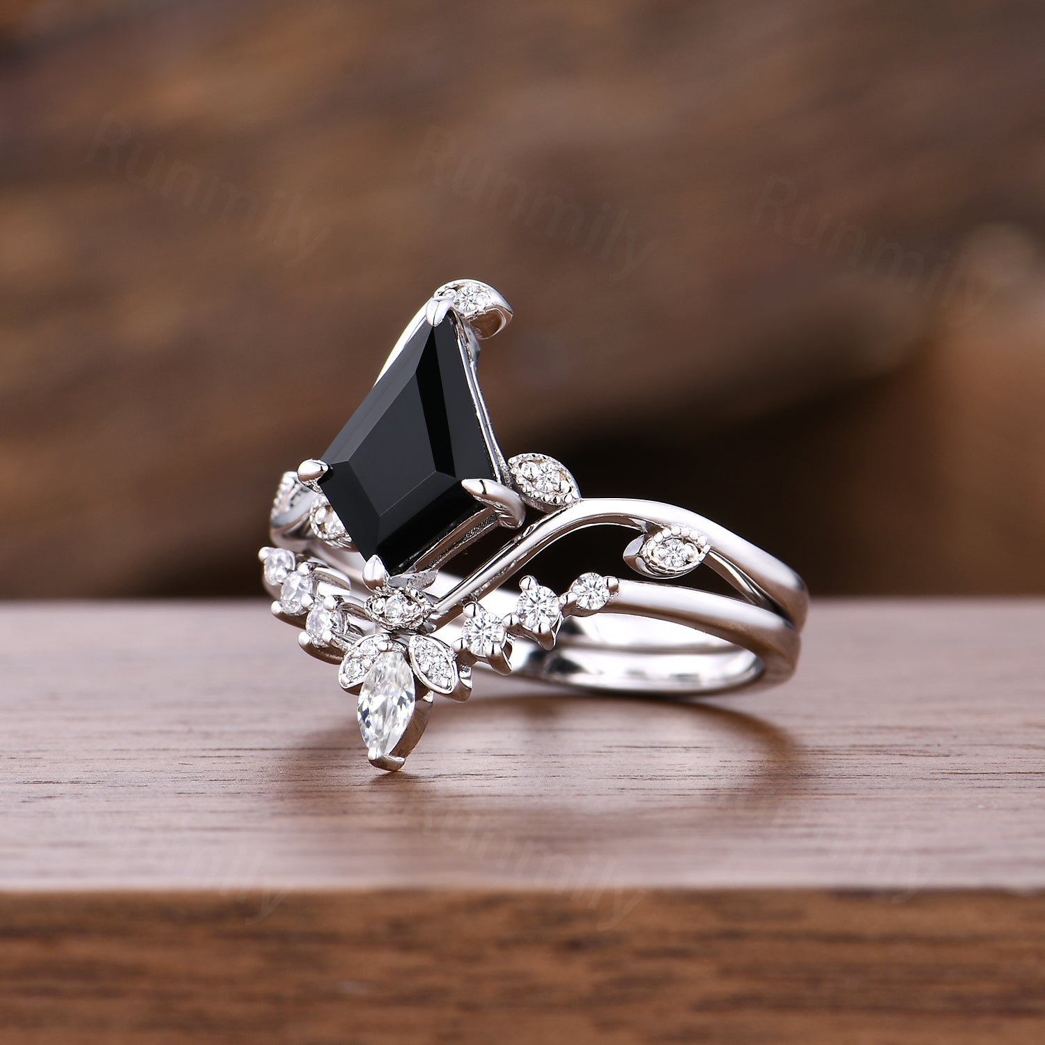 Art Deco Black Onyx Engagement Ring Set Unique Twig Twist Moissanite Stacking Bridal Ring Sterling Silver Promise Anniversary Ring