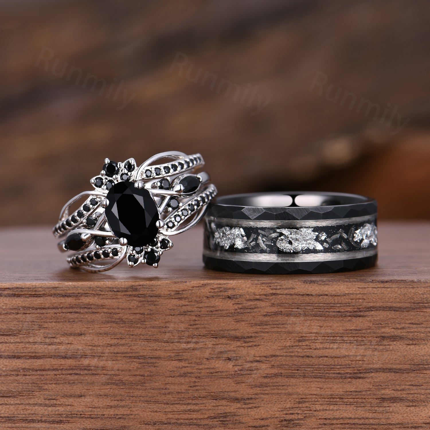 Vintage Black Onyx Sterling Silver Couple Rings: Meteorite Tungsten Band Set