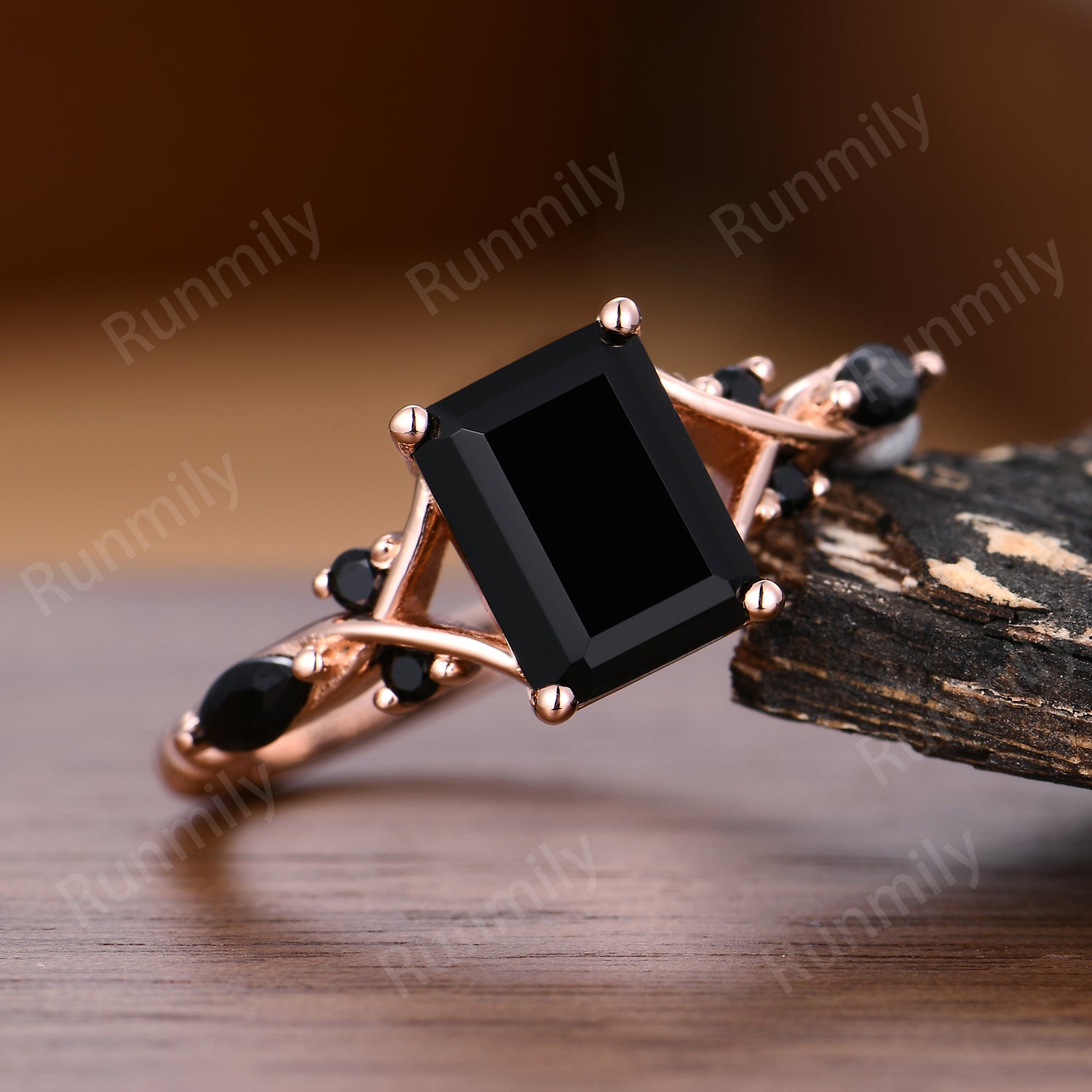 Emerald Cut Black Onyx Engagement Ring Rose Gold Ring Unique Black Onyx Twisted Band Ring Bridal Promise Ring
