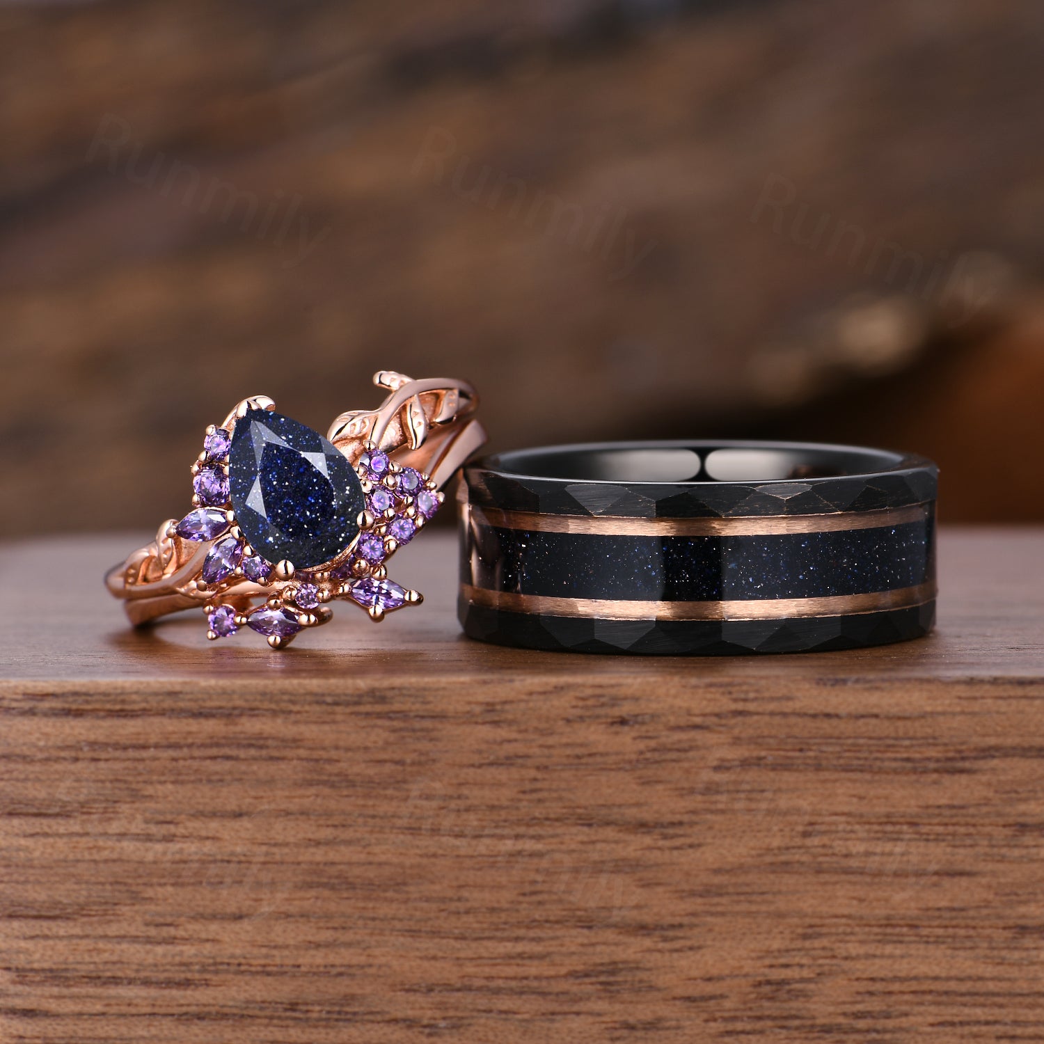 Nature Inspired Ring Set, His and Her Blue Sandstone Wedding Band, Rose Gold Matching Set, Starry Night Couples Ring, Galaxy Cosmic Ring