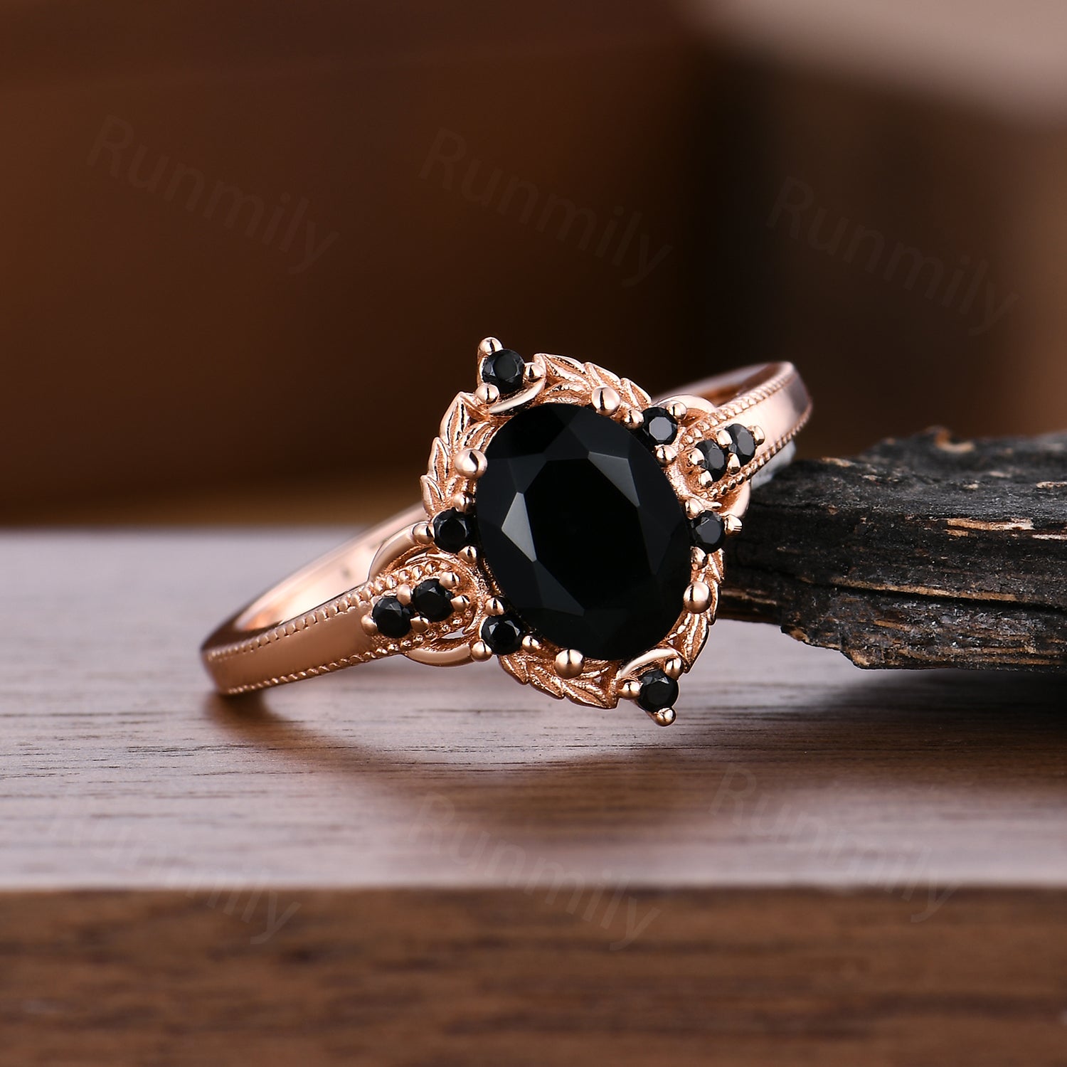 Antique Oval Black Onyx Ring, 14k Rose Gold Vintage Promise Ring