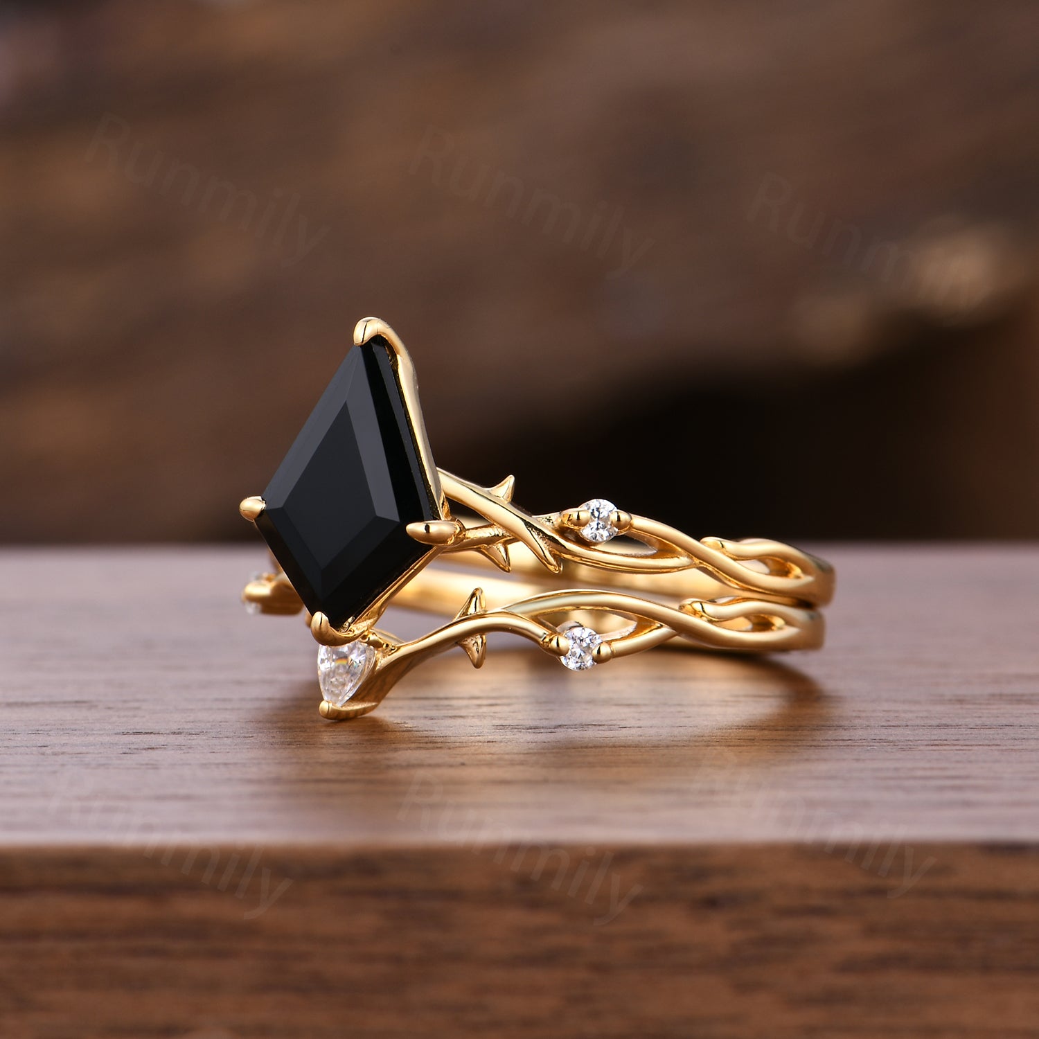 Kite Cut Black Onyx Wedding Ring Set Unique Twig Twist Moissanite Stacking Bridal Ring Art Deco Promise Anniversary Ring Yellow Gold Rings
