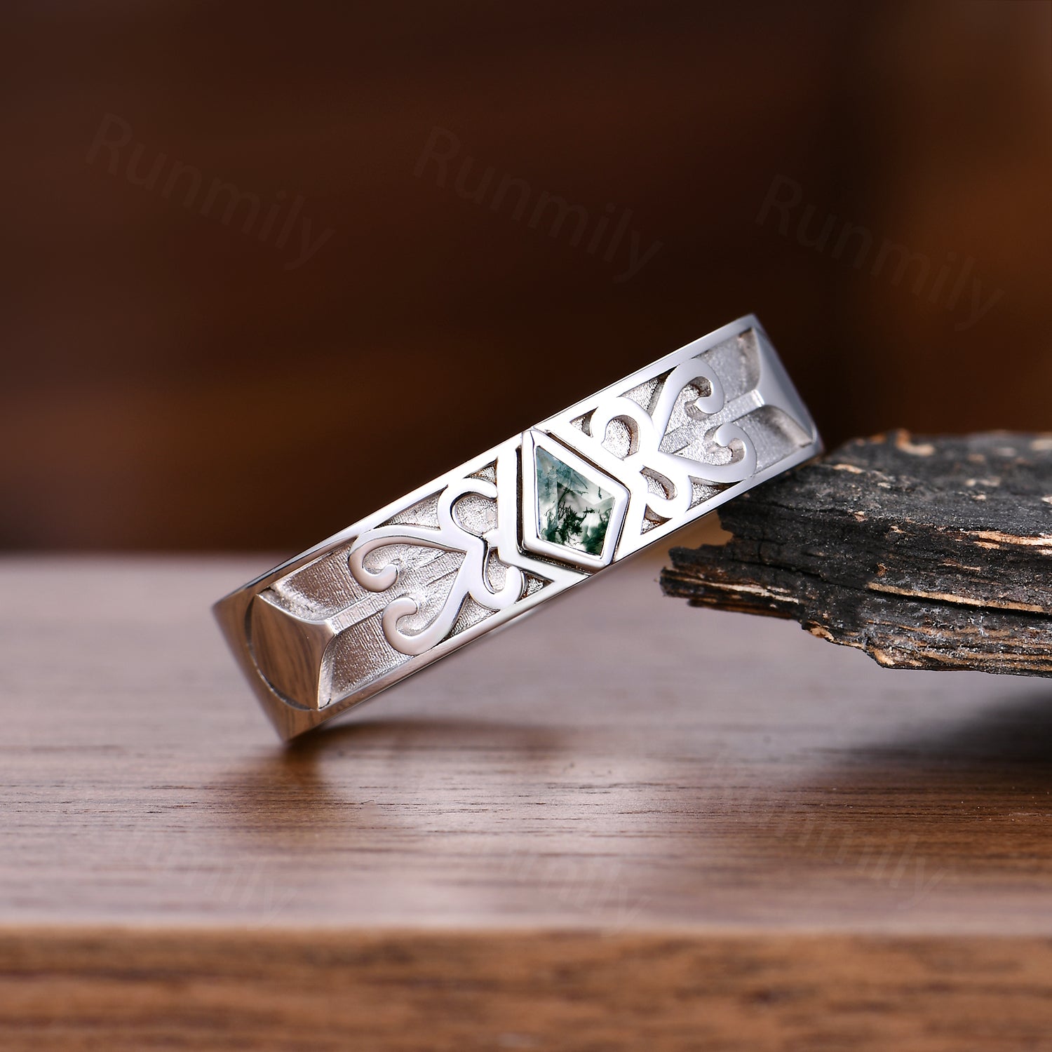Celtic Moss Agate Mens Wedding Band Kite Cut Engagement Ring For Mens Stacking Wedding Ring His Anniversary Promise Ring
