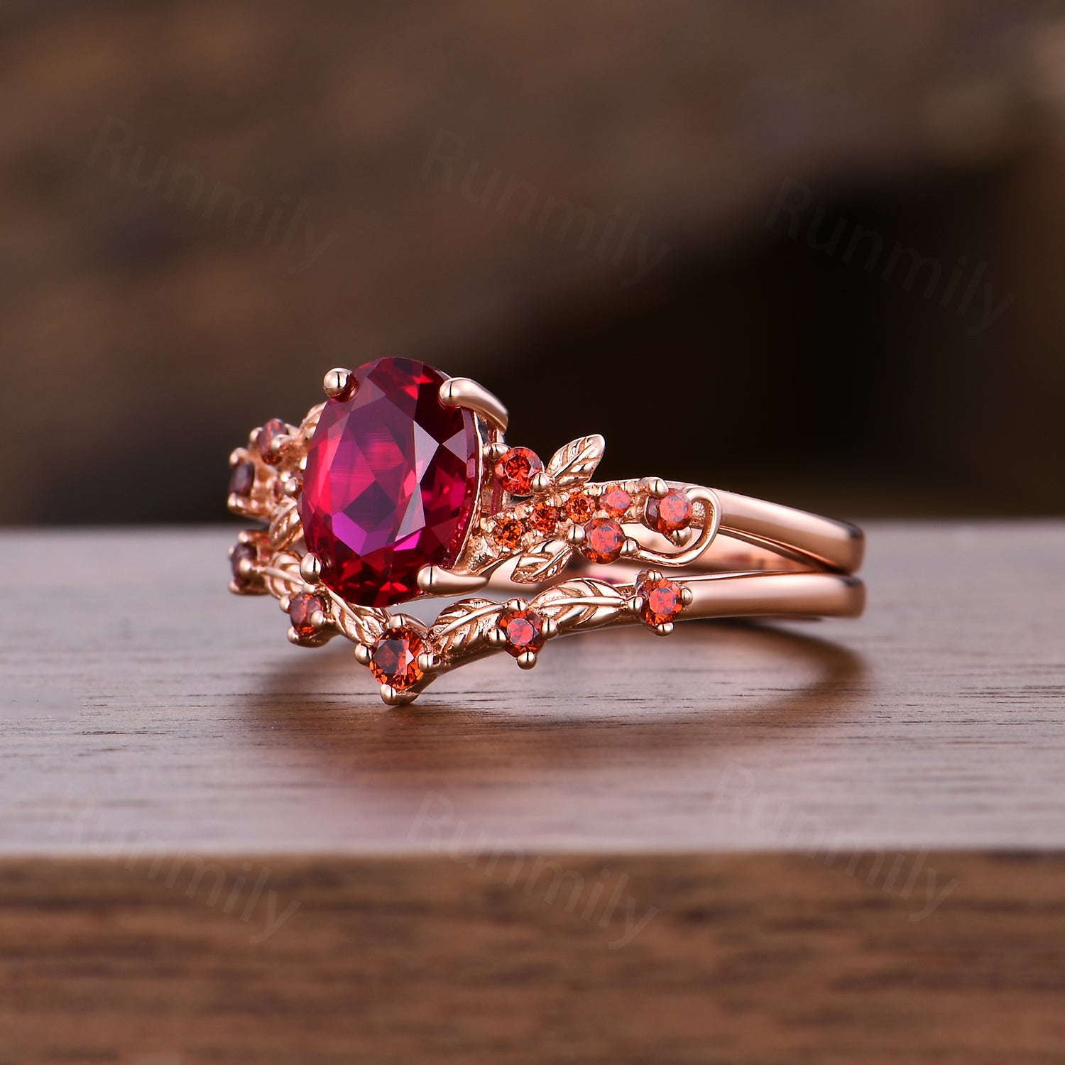 Nature Inspired Ruby Garnet Ring Set, Oval Ruby Engagement Ring, Unique Twig Leaf Garnet Wedding Anniversary Ring