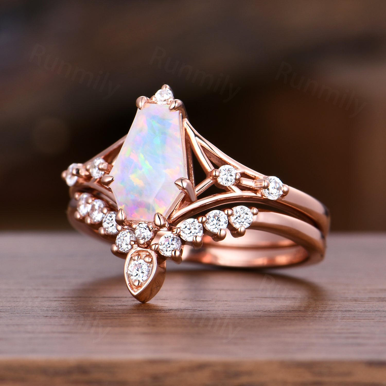 Coffin Cut White Opal Engagement Ring Rose Gold Ring Art Deco Curved Stacking Band Vintage Bridal Ring Unique Moissanite Wedding Set