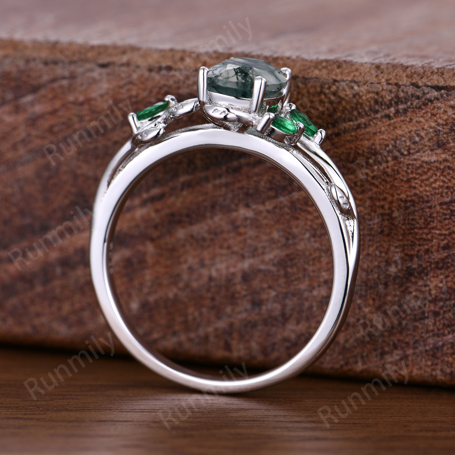 Moss Agate Emerald Engagement Ring Oval Cut Branch Ring Green Stones Bridal Promise Rings