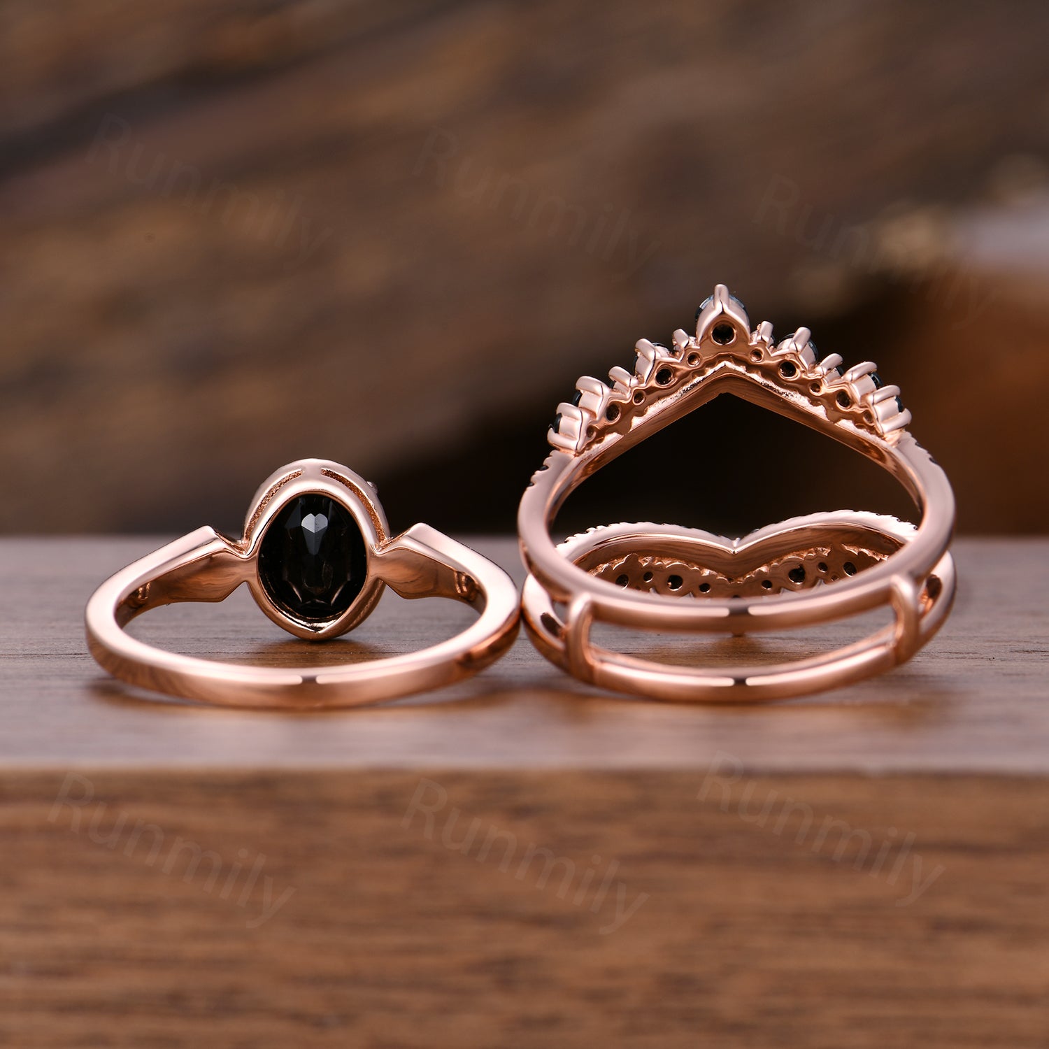 Vintage Black onyx engagement ring Set Unique oval cut ring Double curved black gem wedding band Bridal Promise ring gift women