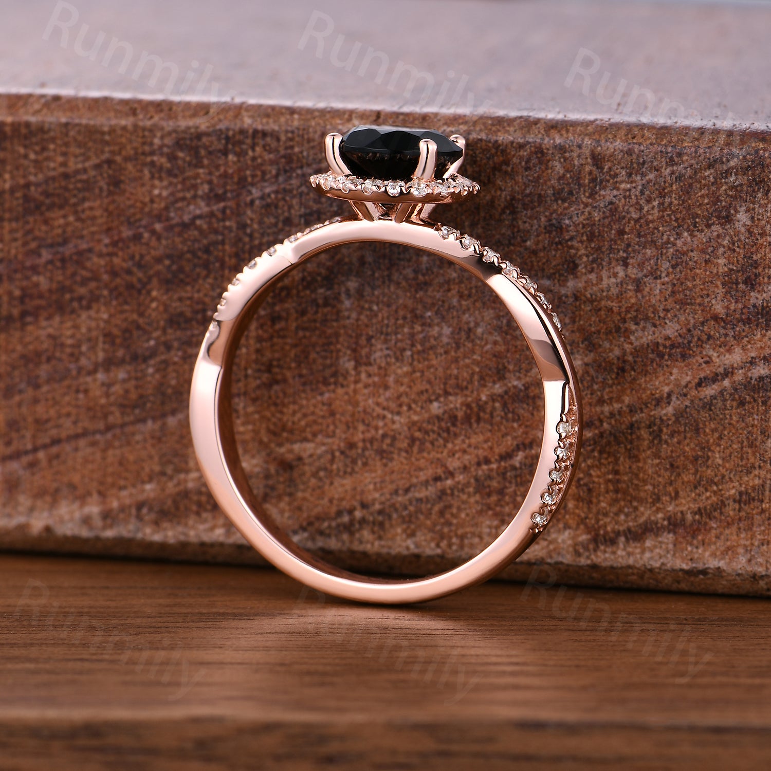 6.5mm Round Black Onyx Engagement Ring Unique Twisted Moissanite Wedding Ring Rose Gold Halo Engagement Ring Promise Gift