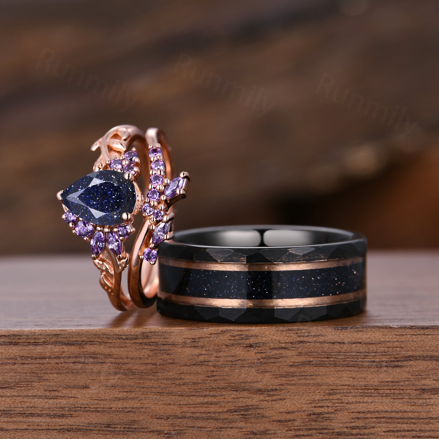 Nature Inspired Ring Set, His and Her Blue Sandstone Wedding Band, Rose Gold Matching Set, Starry Night Couples Ring, Galaxy Cosmic Ring