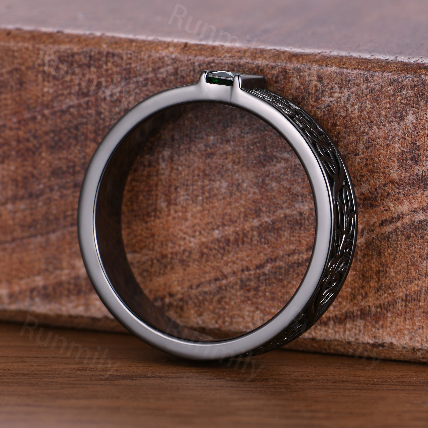 Emerald Mens Wedding Band Gothic Baguette Cut Band Art Deco Leaf Design Unique Black Gold Mens Stacking Band Gift For Him