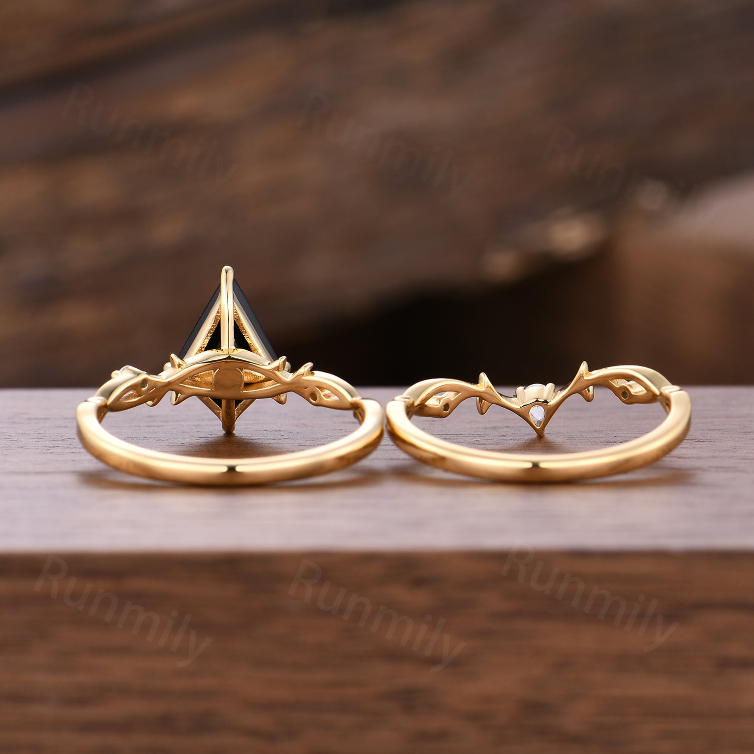 Kite Cut Black Onyx Wedding Ring Set Unique Twig Twist Moissanite Stacking Bridal Ring Art Deco Promise Anniversary Ring Yellow Gold Rings