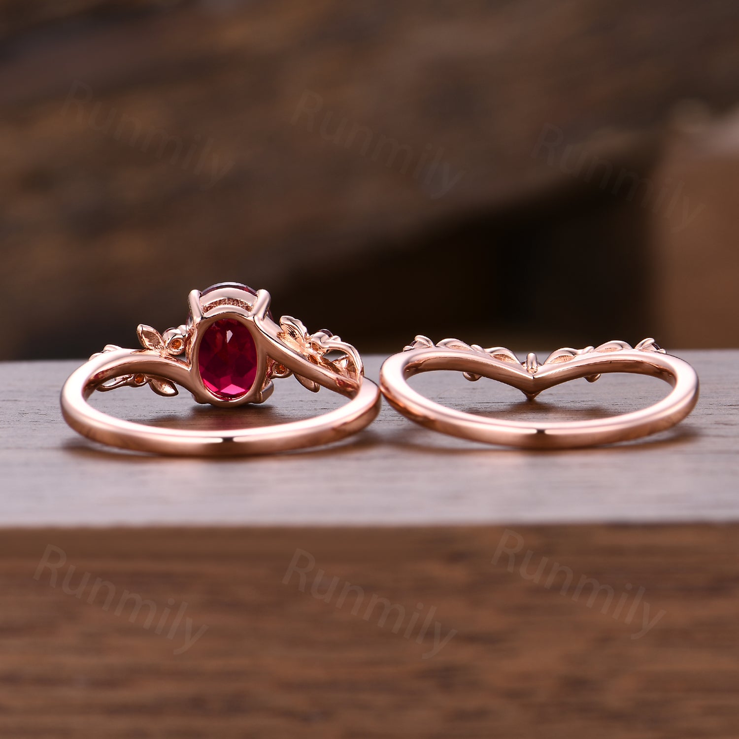 Nature Inspired Ruby Garnet Ring Set, Oval Ruby Engagement Ring, Unique Twig Leaf Garnet Wedding Anniversary Ring