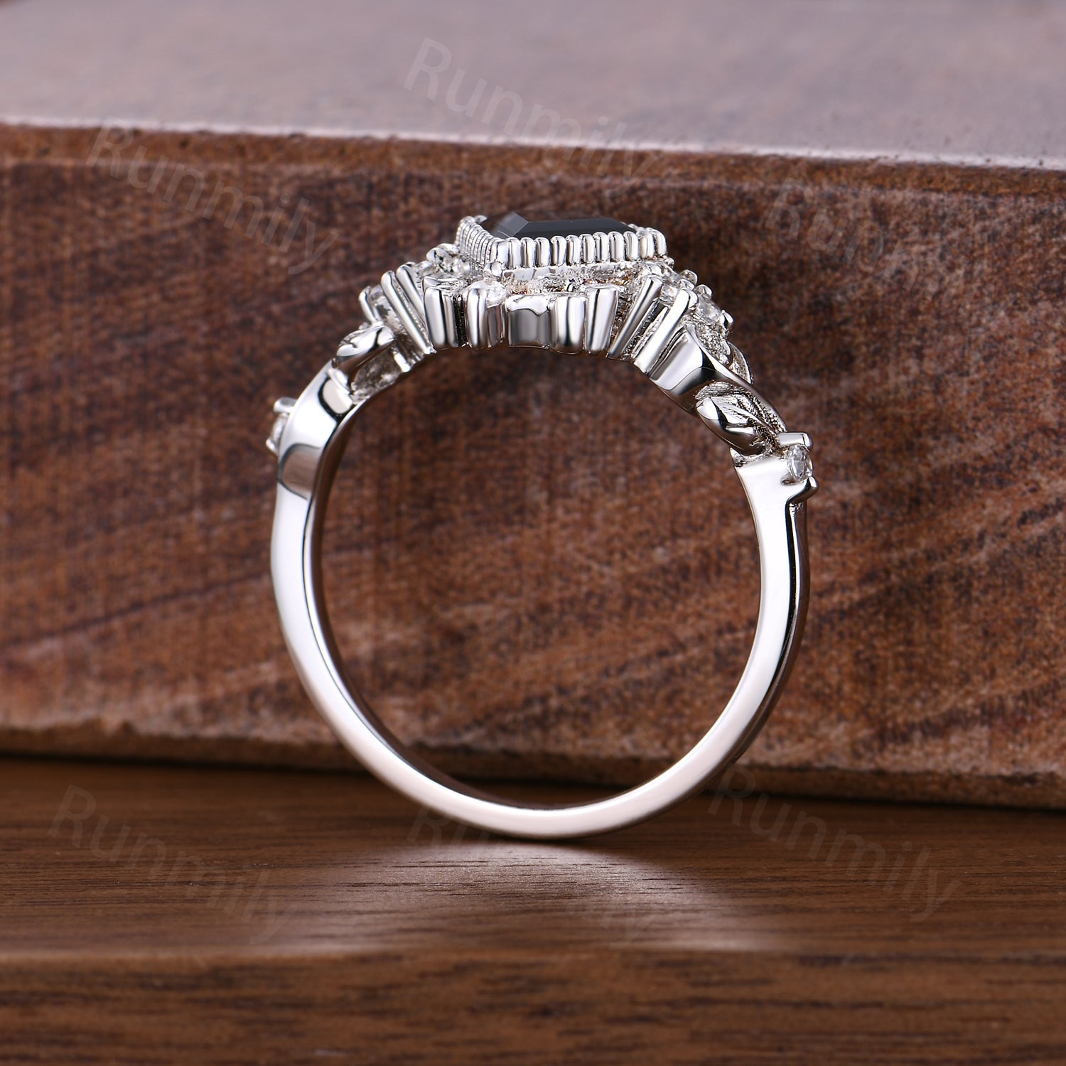 Vintage Kite Cut Black Onyx Engagement Ring, Sterling Silver Twig & Moissanite