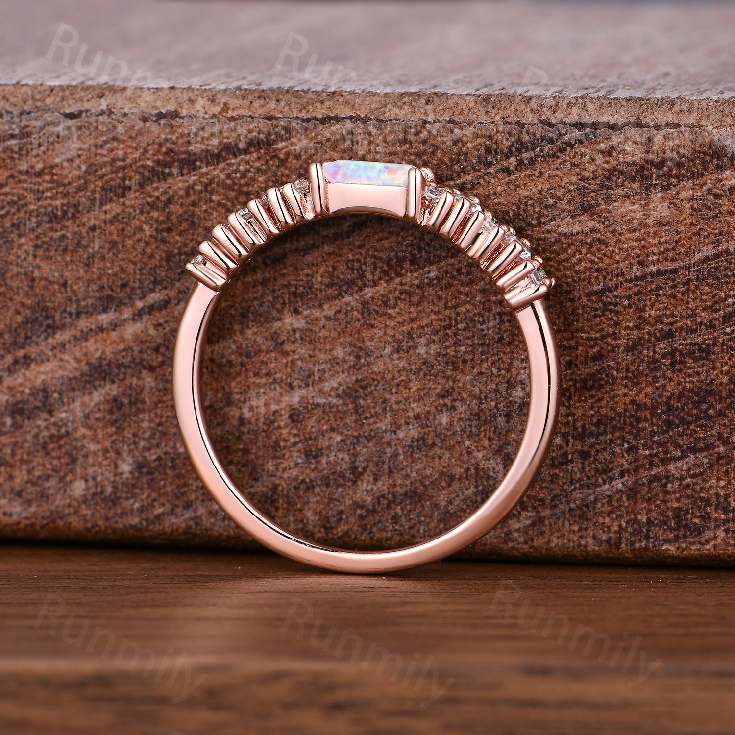 Vintage Baguette Opal Wedding Band Unique Moissanite Cluster Stackable Ring Anniversary Art Deco Rose Gold Wedding Band