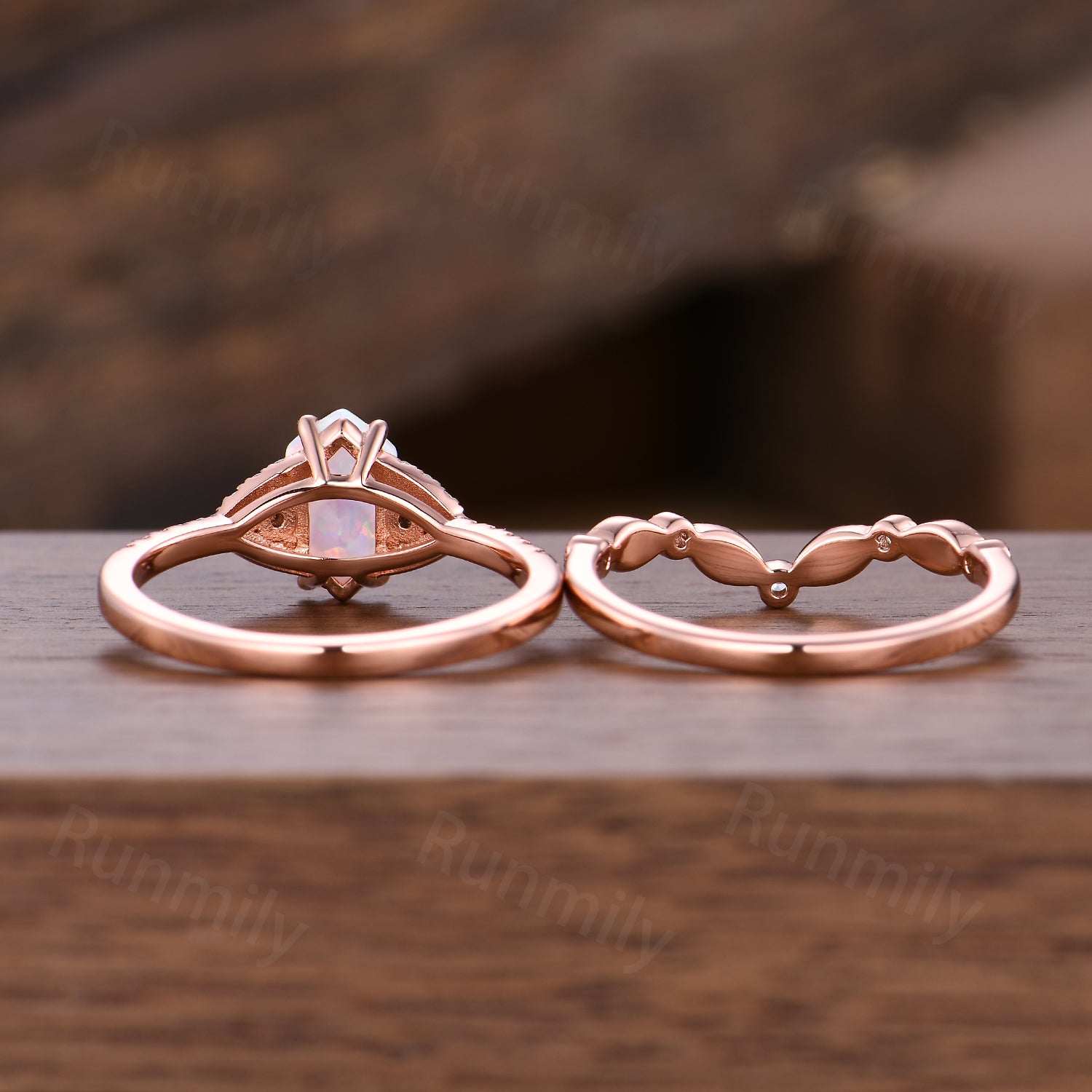 Unique Hexagon Opal Engagement Ring Set, Art Deco Moissanite Wedding Ring Set, October Birthstone Jewelry