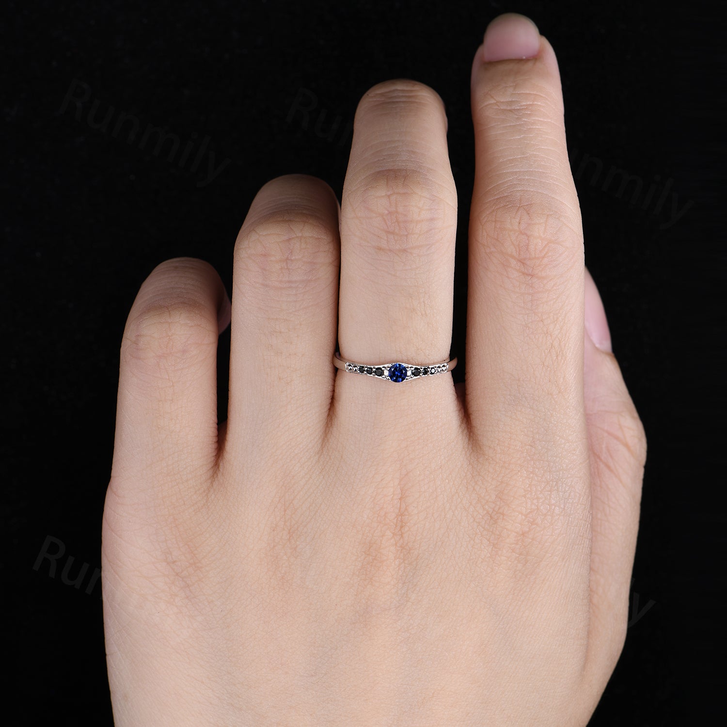 Dainty Blue Sapphire Wedding Band Sterling Silver Black Spinel Wedding Ring Art Deco Matching Stacking Band Anniversary Gift for Her