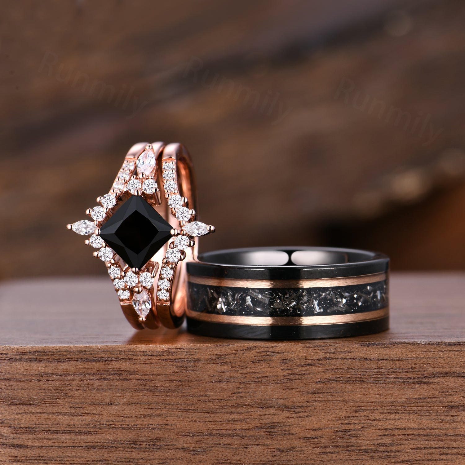 Vintage Black Onyx Couples Ring Set Unique Double Curved Moissanite Ring Rose Gold His and Hers Wedding Bands Black Gemstone Rings