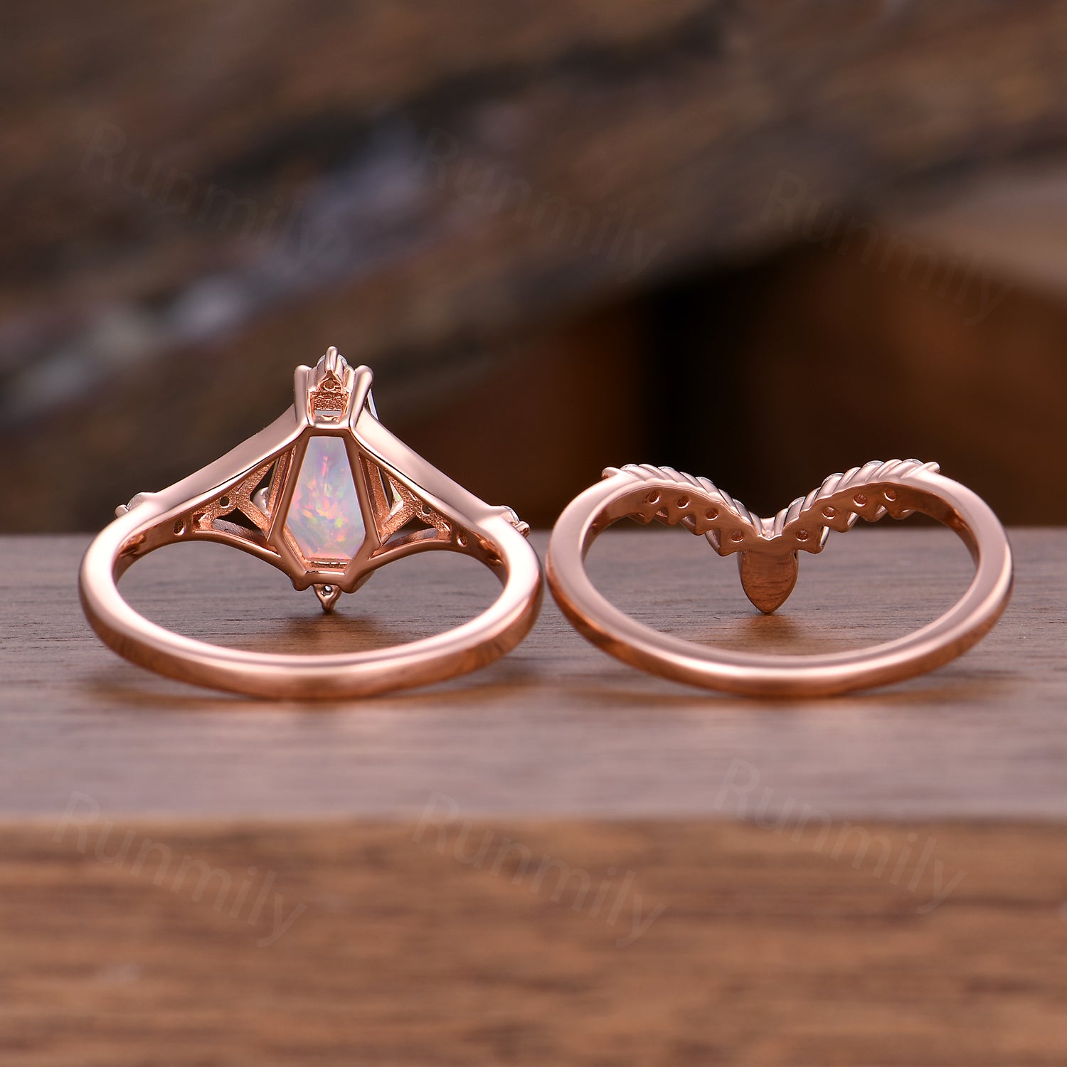 Coffin Cut White Opal Engagement Ring Rose Gold Ring Art Deco Curved Stacking Band Vintage Bridal Ring Unique Moissanite Wedding Set
